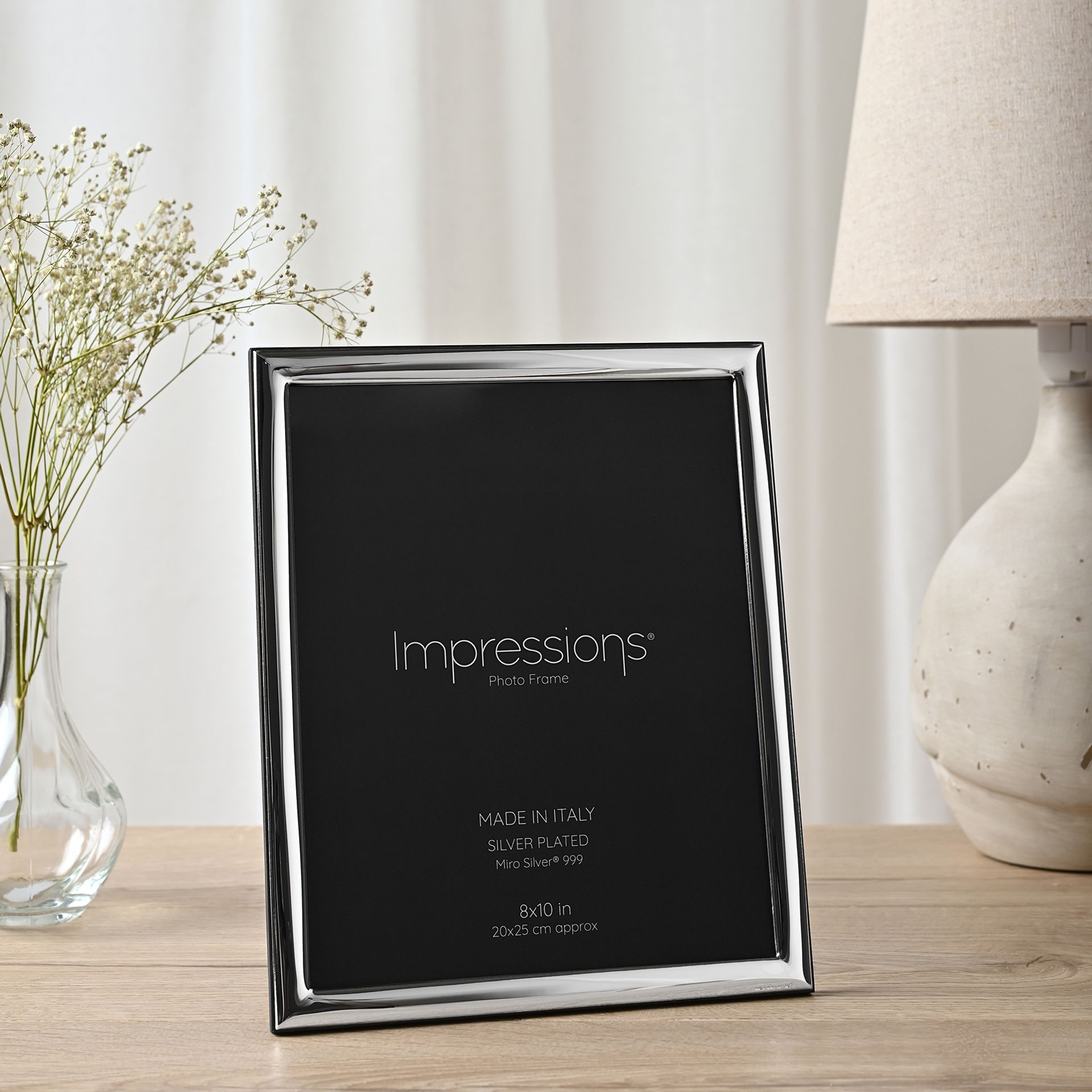 Impressions 999 Silver Narrow Smooth Photo Frame 8" x 10" Wood Back Made In Italy