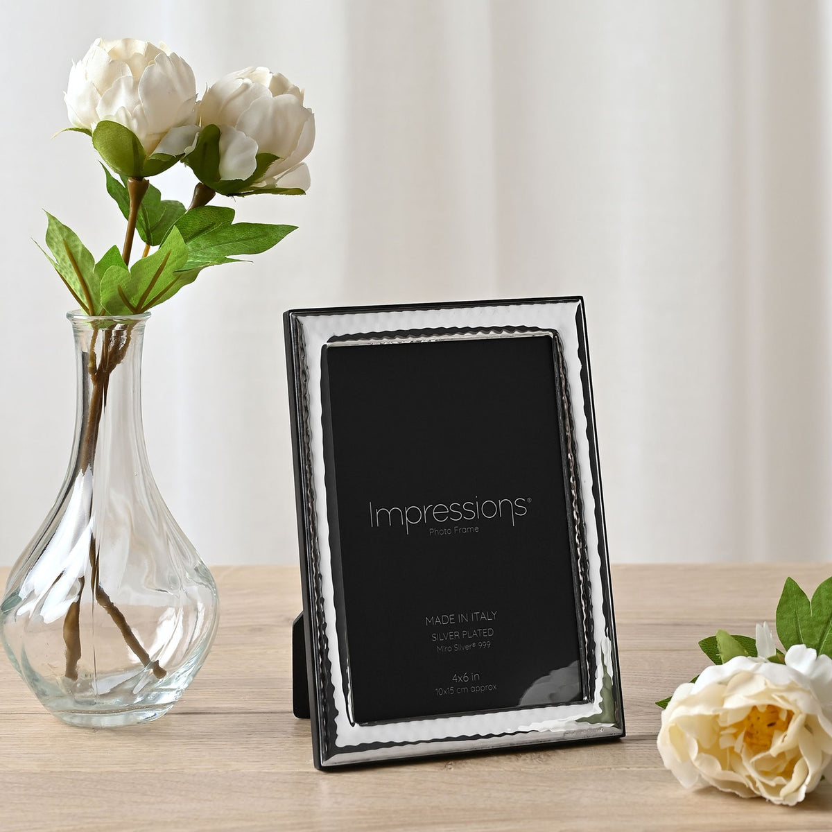 Impressions 999 Silver Hammered Photo Frame 4" x 6" Wood Back Made In Italy