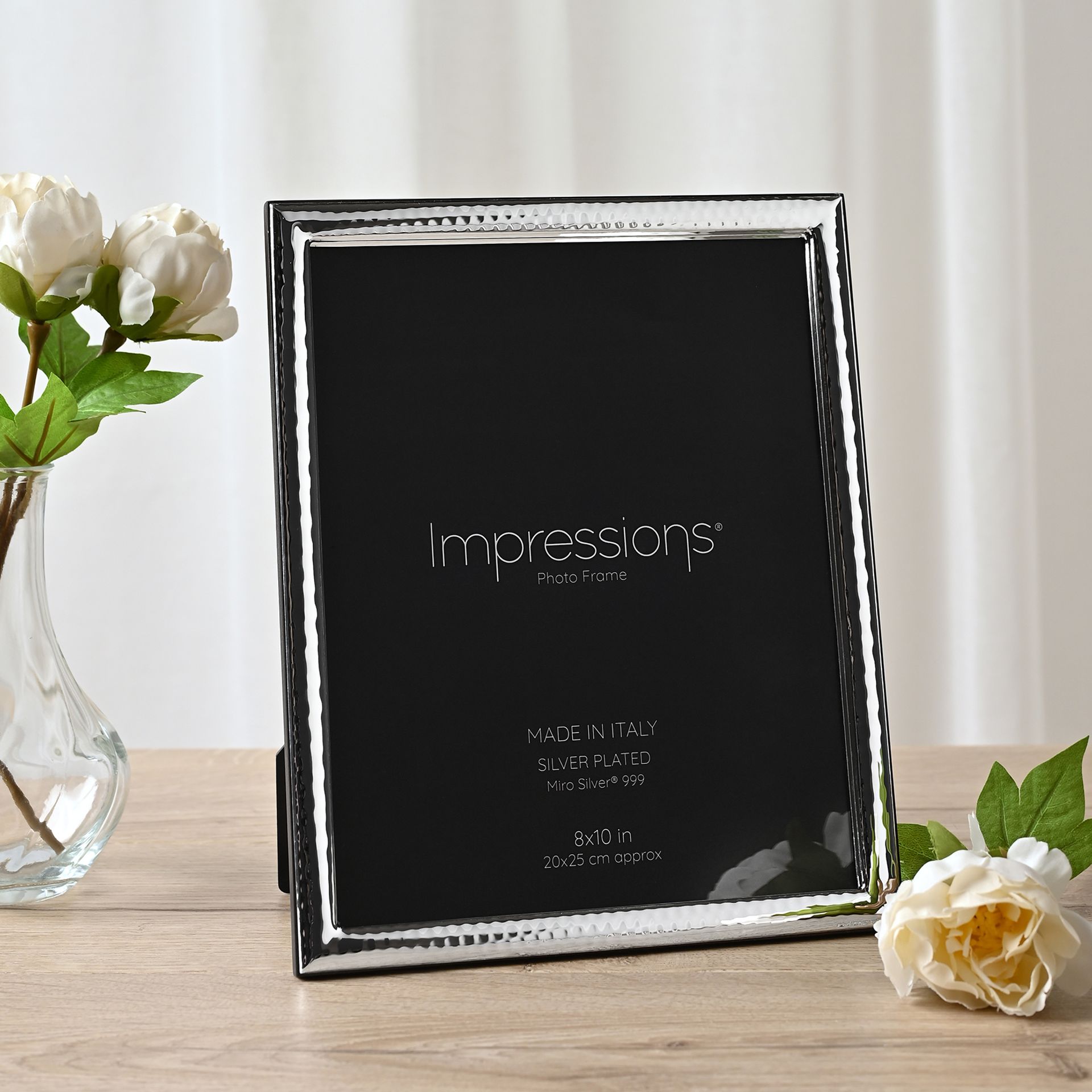 Impressions 999 Silver Narrow Hammered Photo Frame 8" x 10" Wood Back Made In Italy
