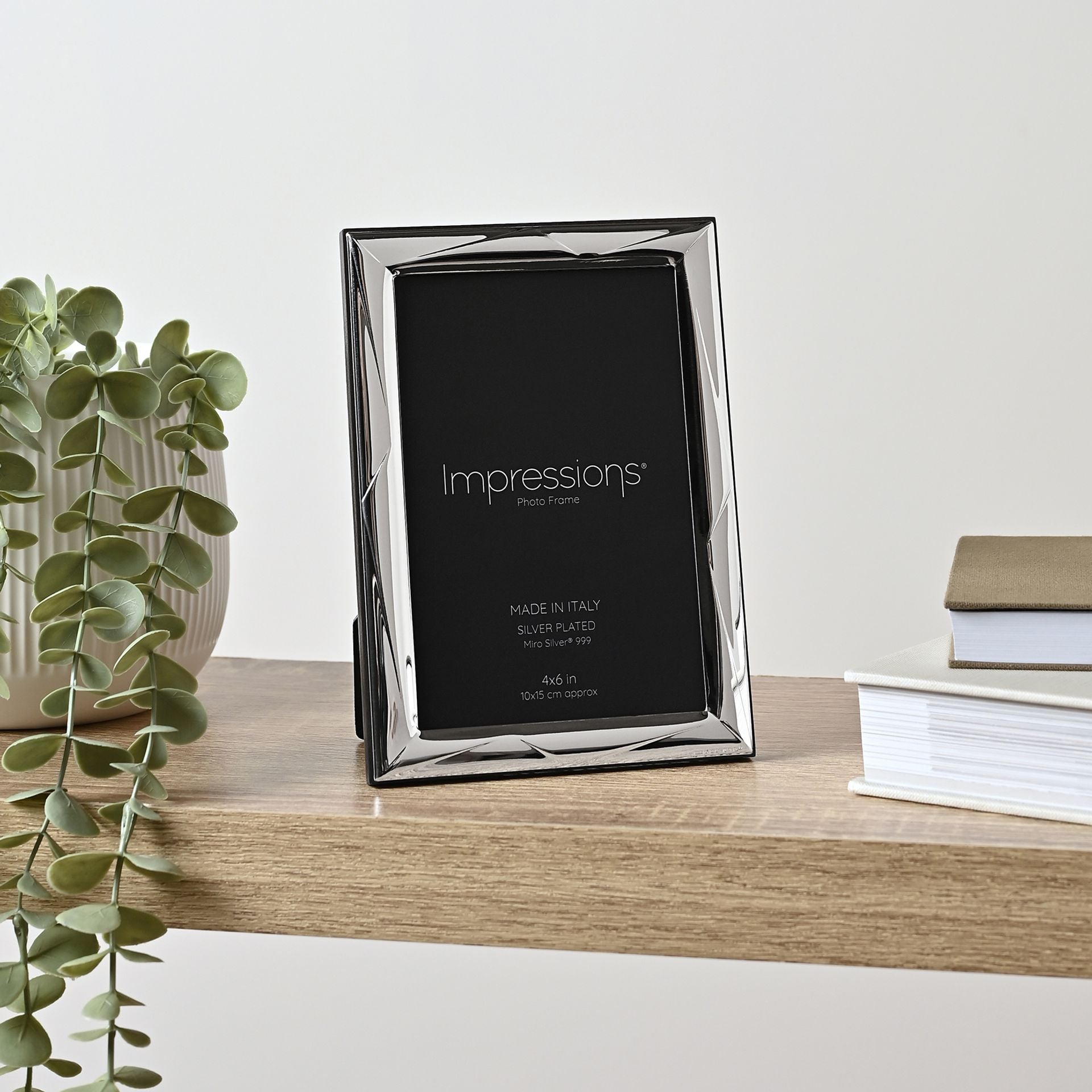 Impressions 999 Silver Geometric Photo Frame 4" x 6" Wood Back Made In Italy