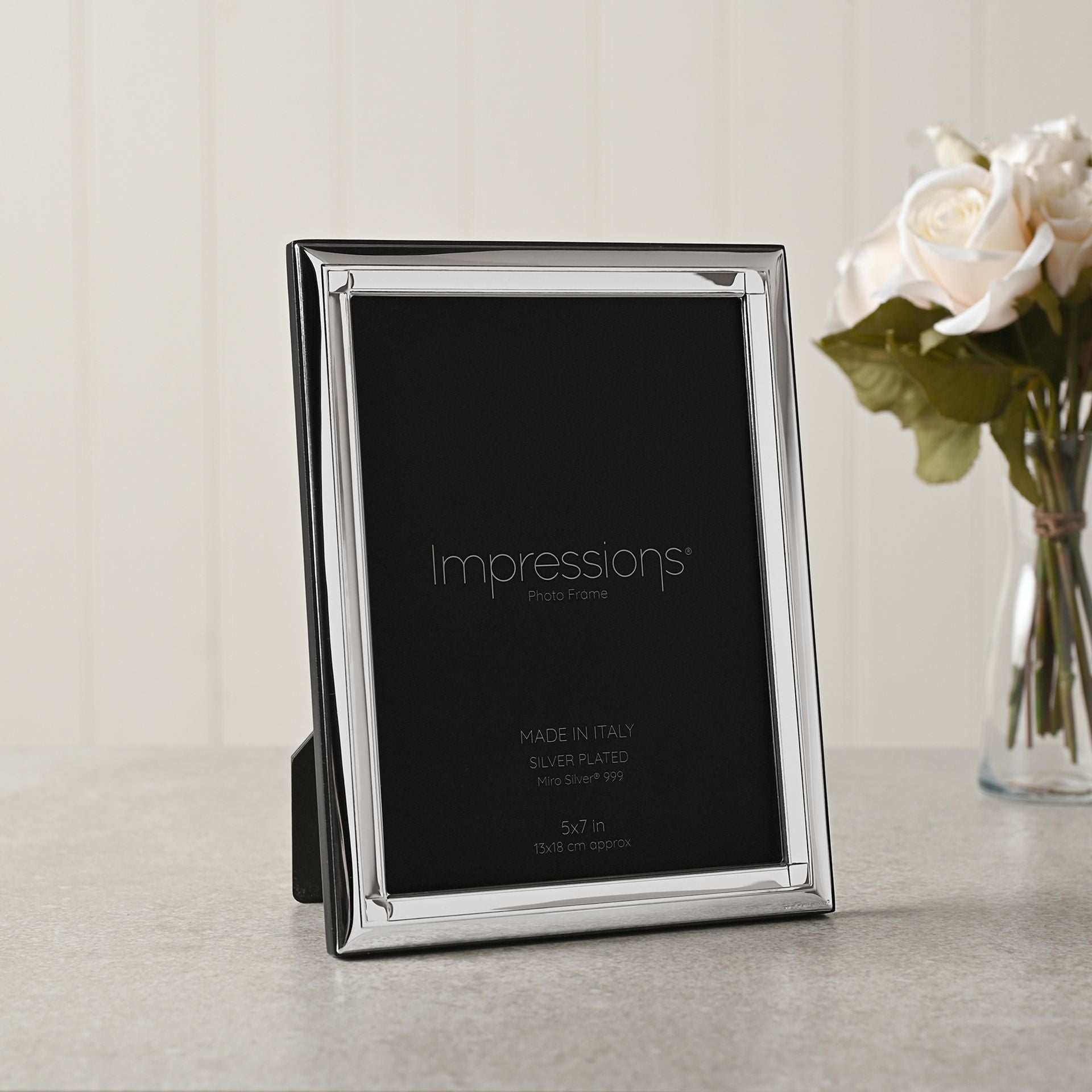 Impressions 999 Silver Narrow Classic Photo Frame 5" x 7" Wood Back Made In Italy