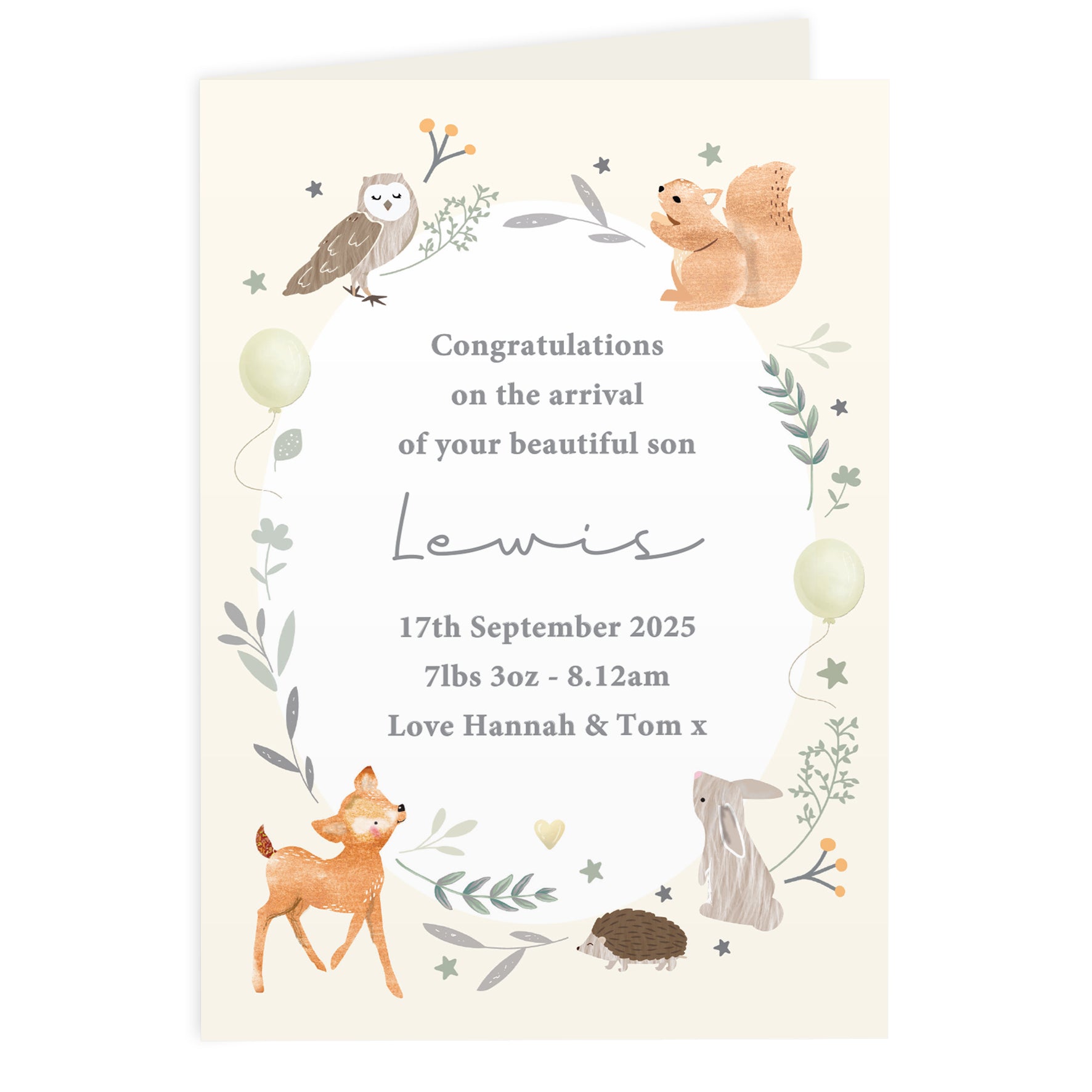 Personalised Woodland Animals New Baby Card