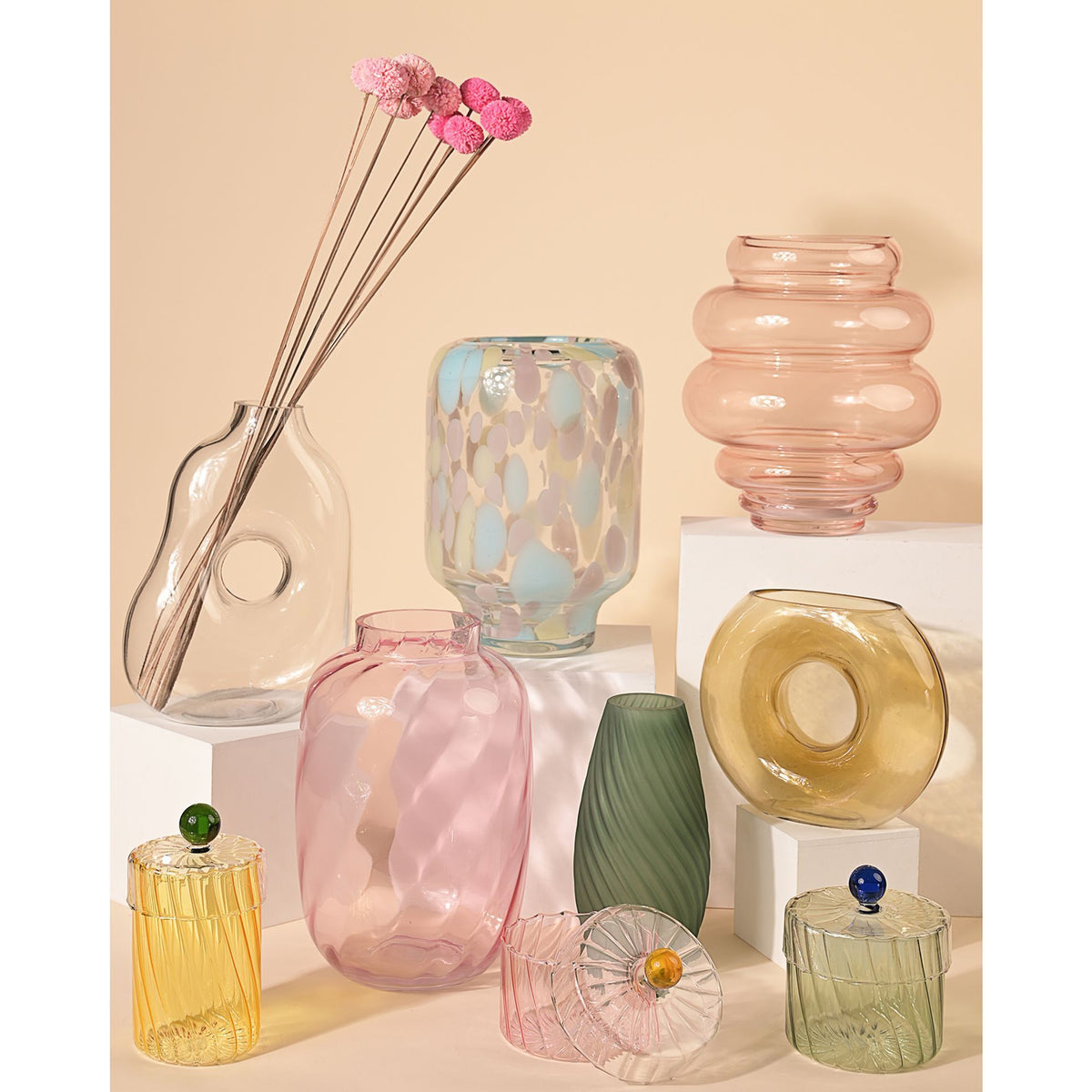 Hestia Handmade Coloured Glass Trinket Box with Clear Lid - Pink