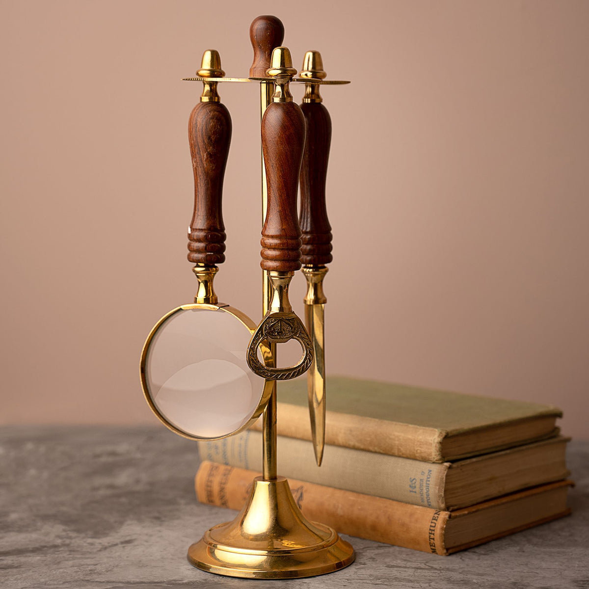 Harvey Makin Magnifying Glass, Letter Opener & Bottle Opener Set on Stand