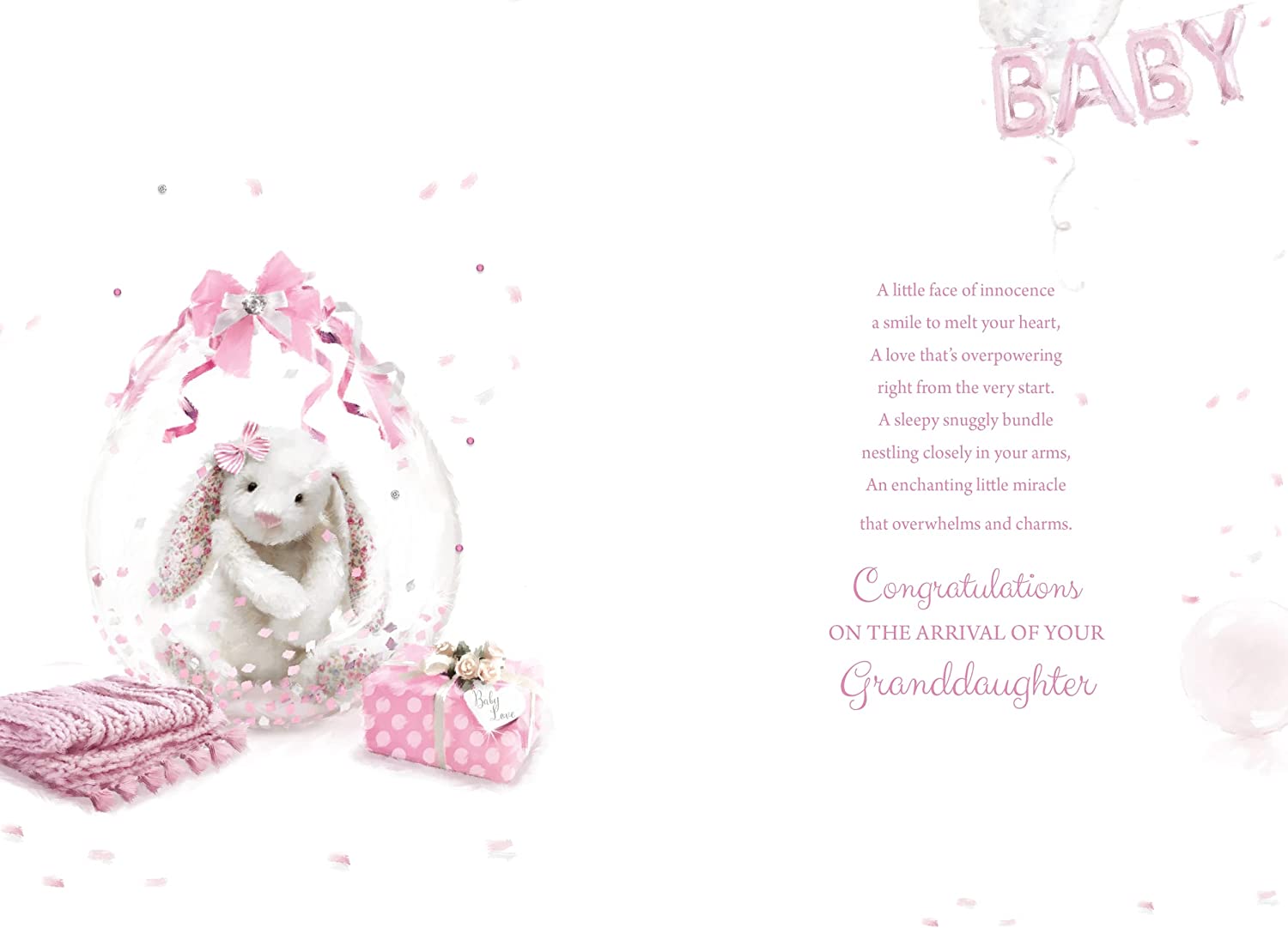 Birth Of Your Baby Granddaughter Card - Cute Rabbit In A Balloon And Gifts