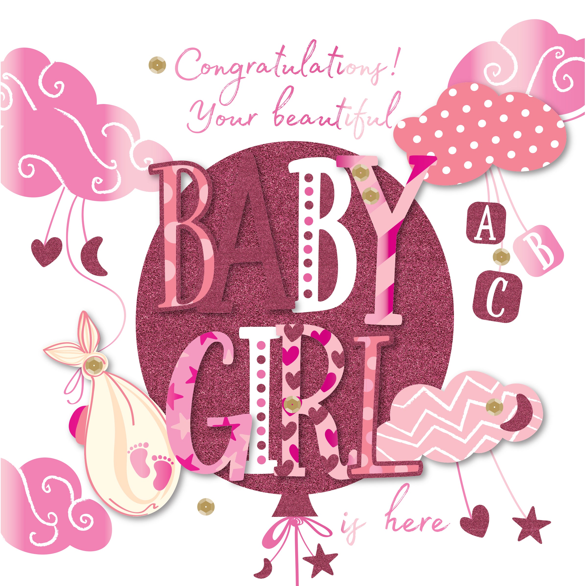 Handmade New Baby Girl Card - Baby Girl Balloon
