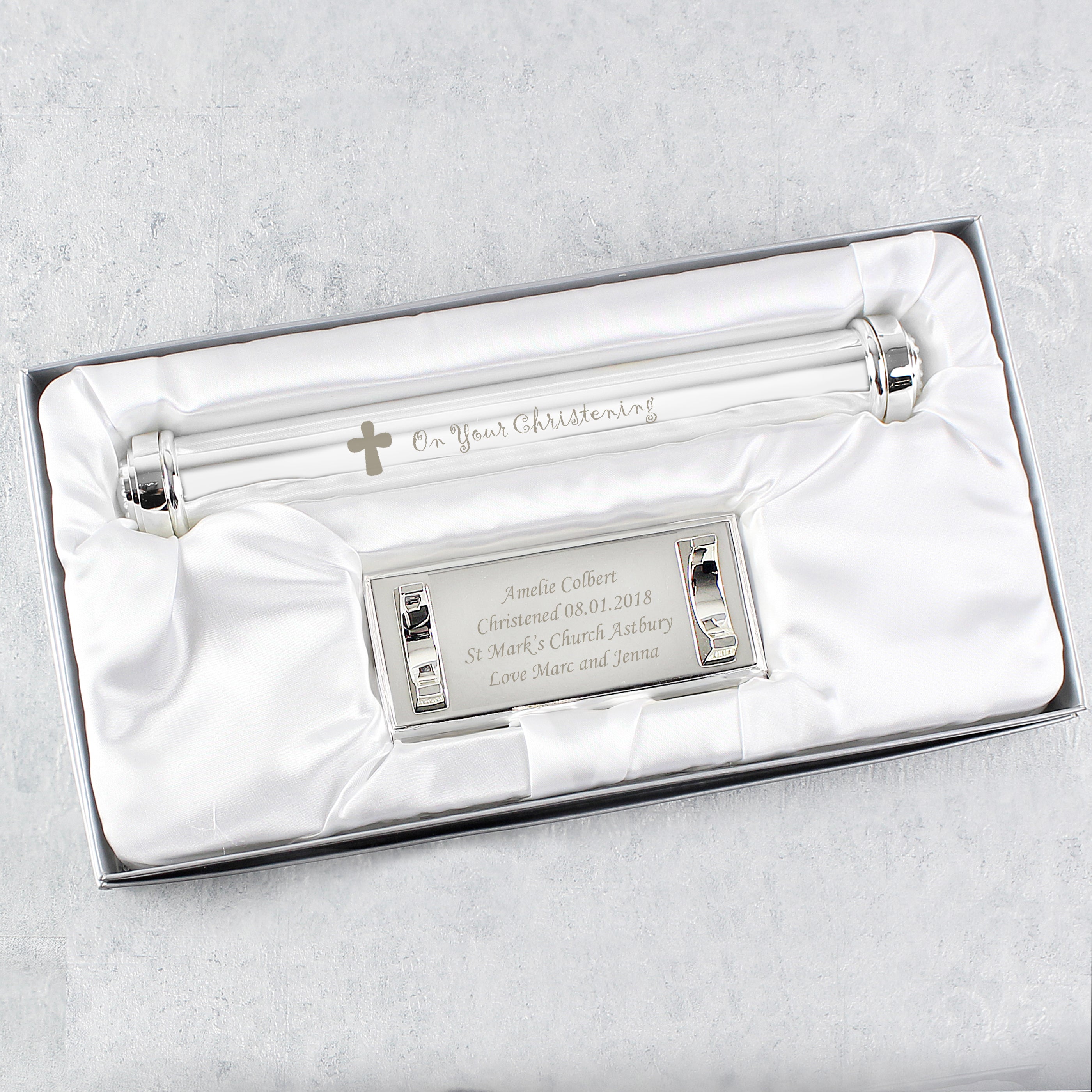 Personalised Christening Cross Silver Plated Certificate Holder