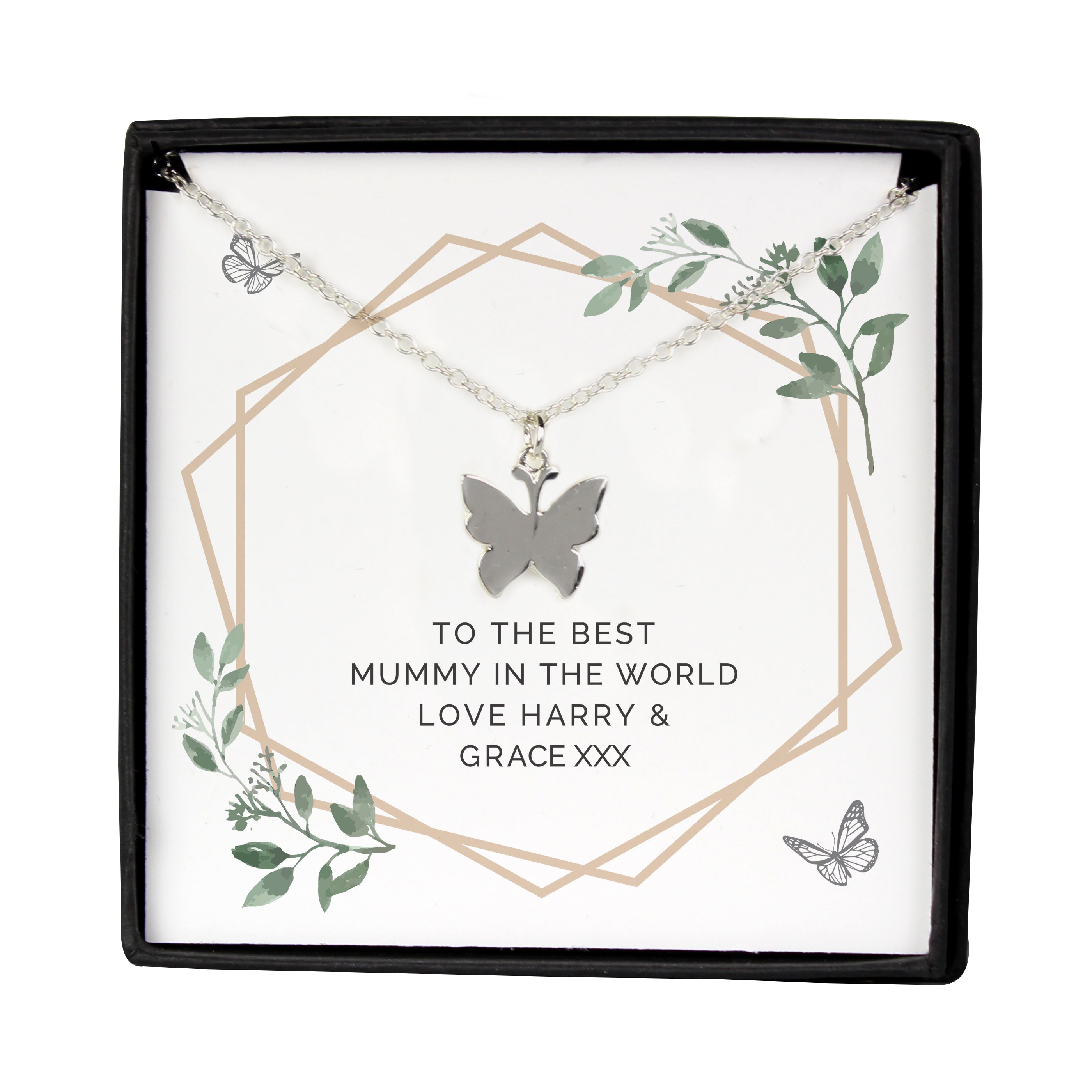 Personalised Botanical Sentiment Butterfly Necklace and Box
