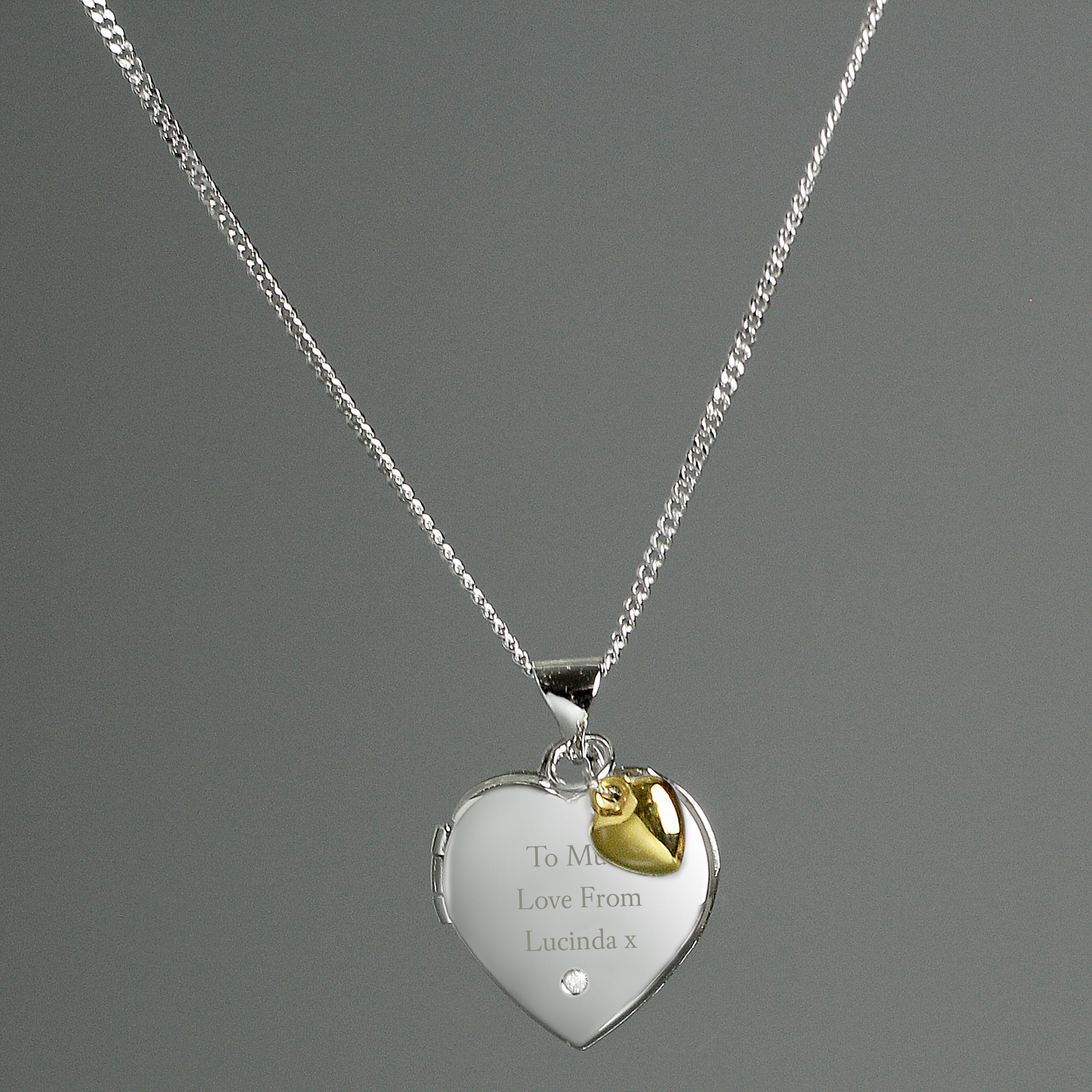 Personalised Sterling Silver Heart Locket Necklace with Diamond & 9ct Gold Charm