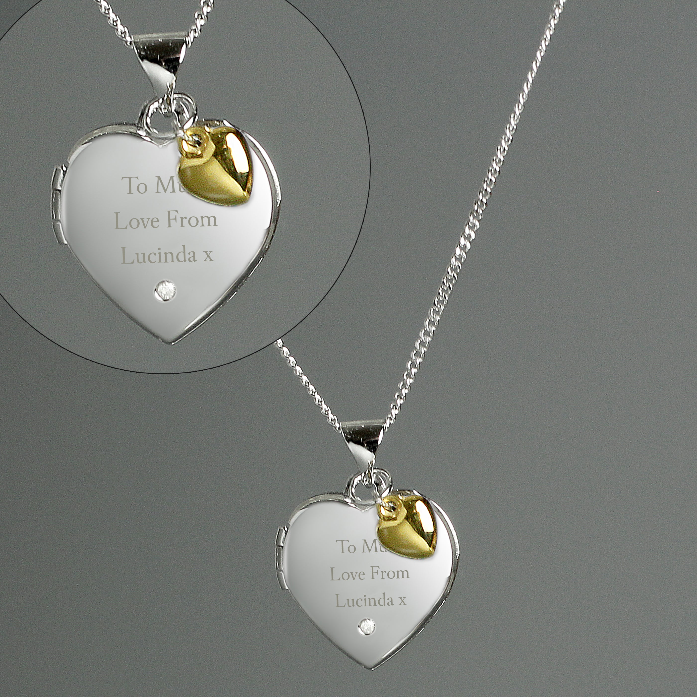 Personalised Sterling Silver Heart Locket Necklace with Diamond & 9ct Gold Charm