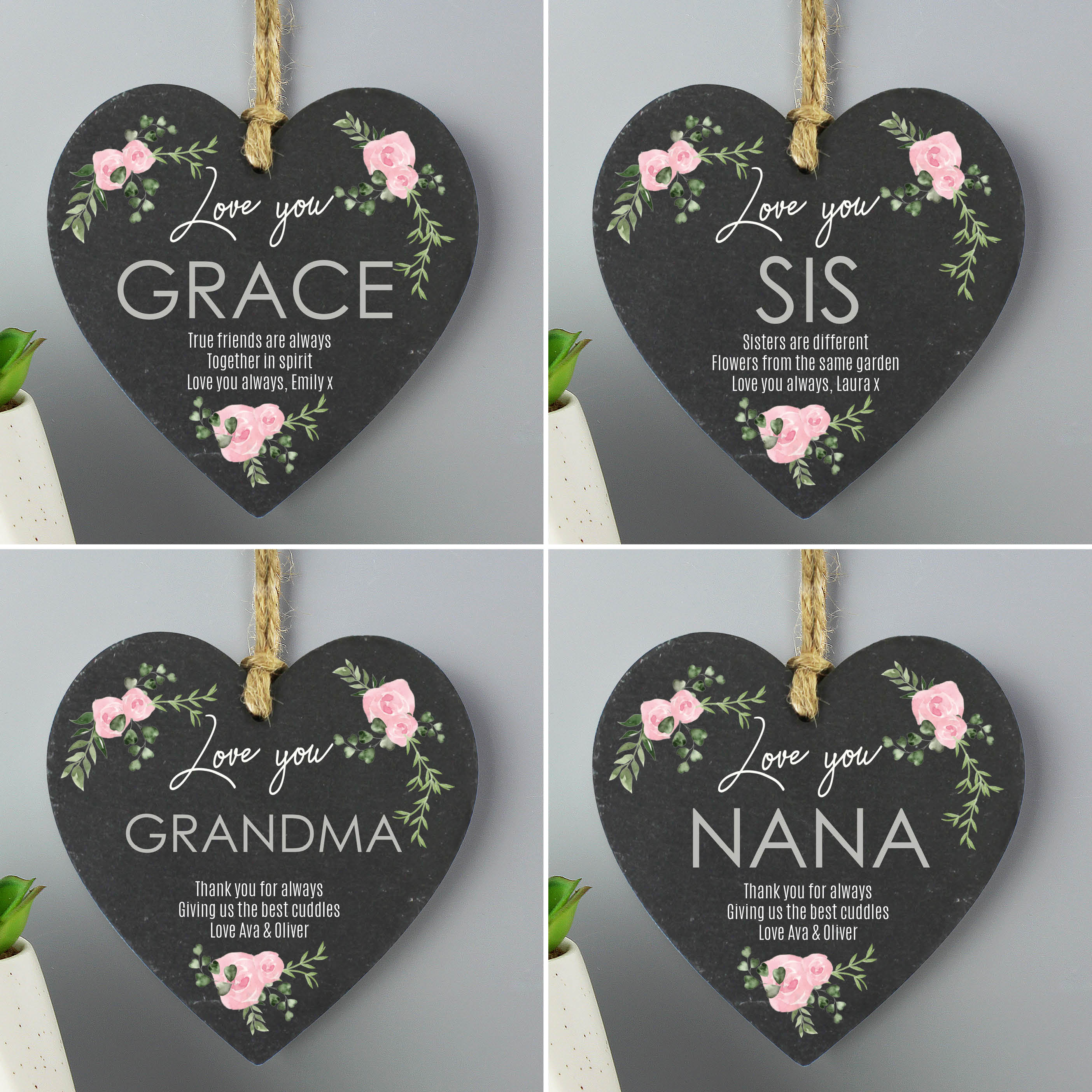 Personalised Abstract Rose Printed Slate Heart Decoration