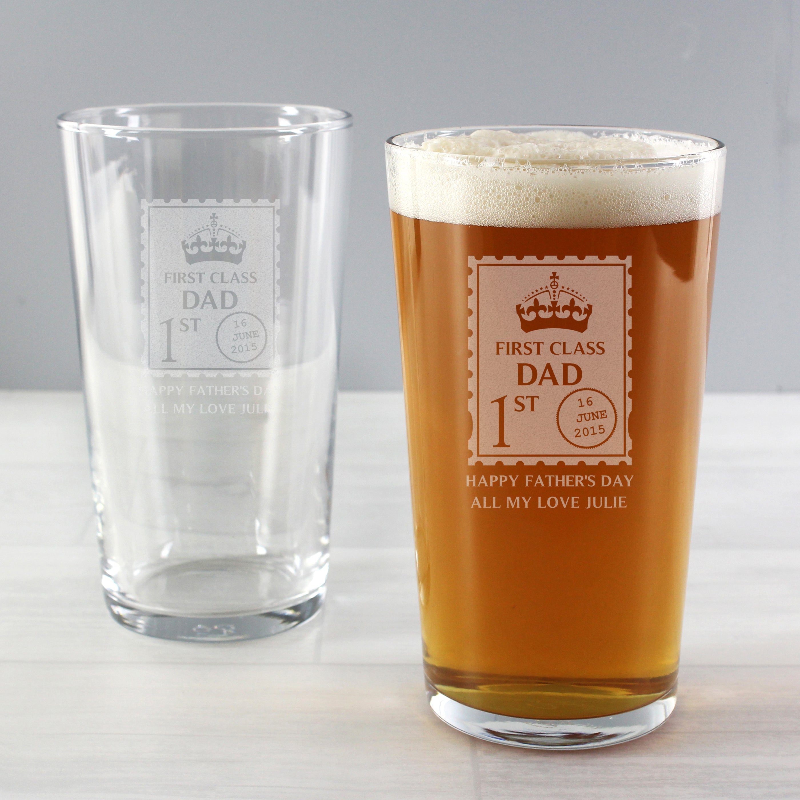 Personalised 1st Class Dad Pint Glass