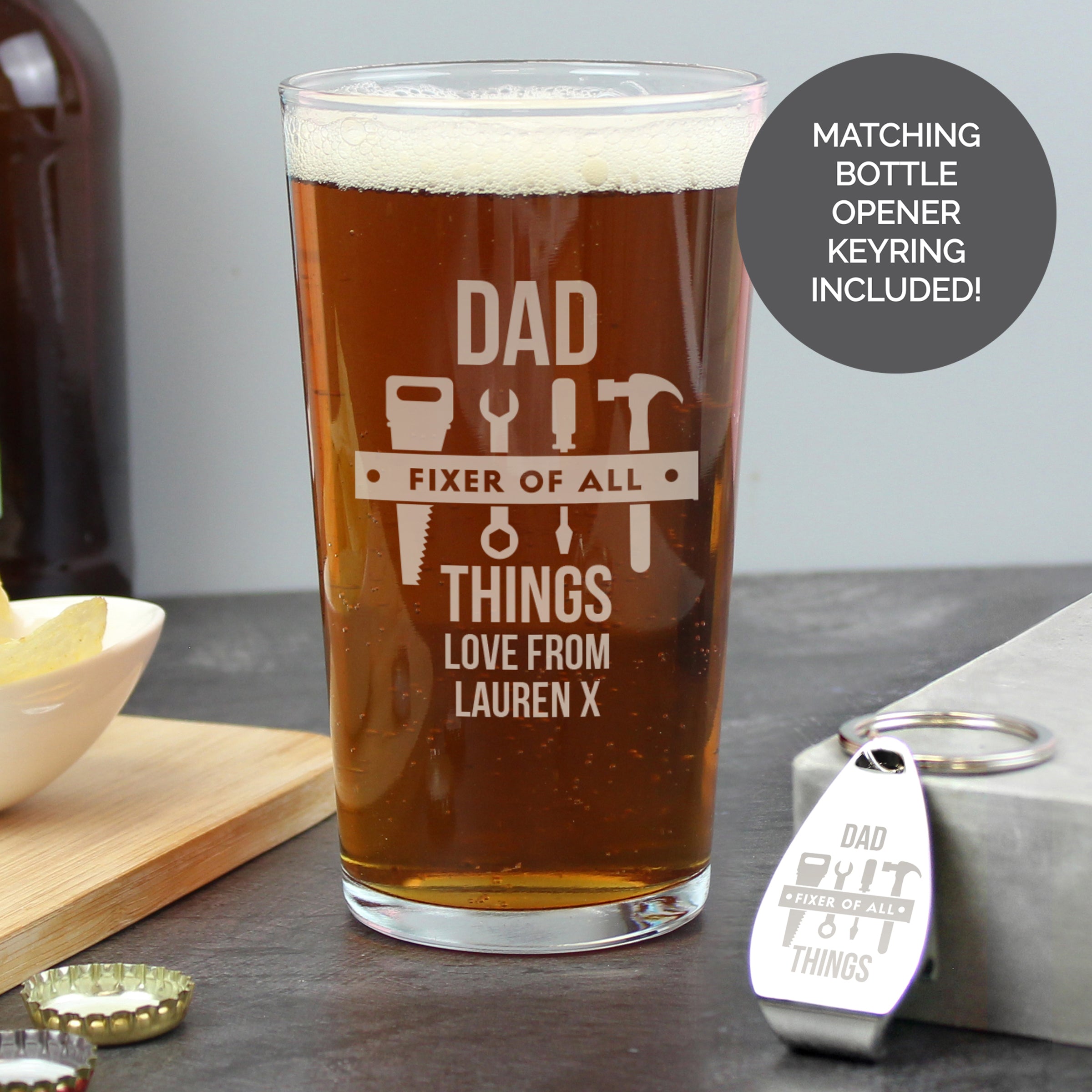 Personalised Fixer of All Things Pint Glass & Bottle Opener