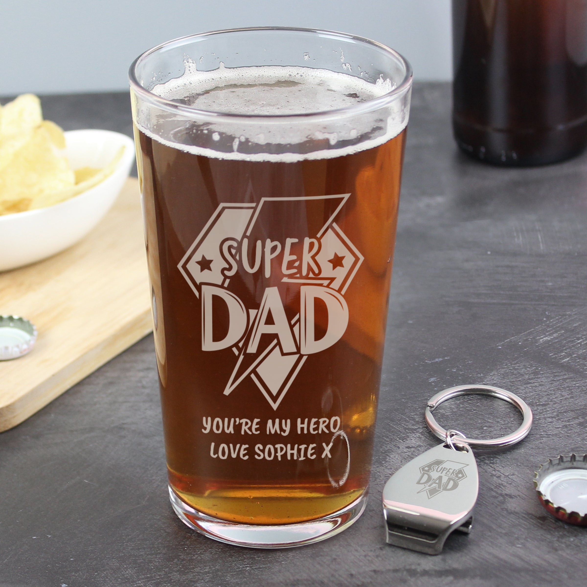 Personalised Super Dad Pint Glass & Bottle Opener