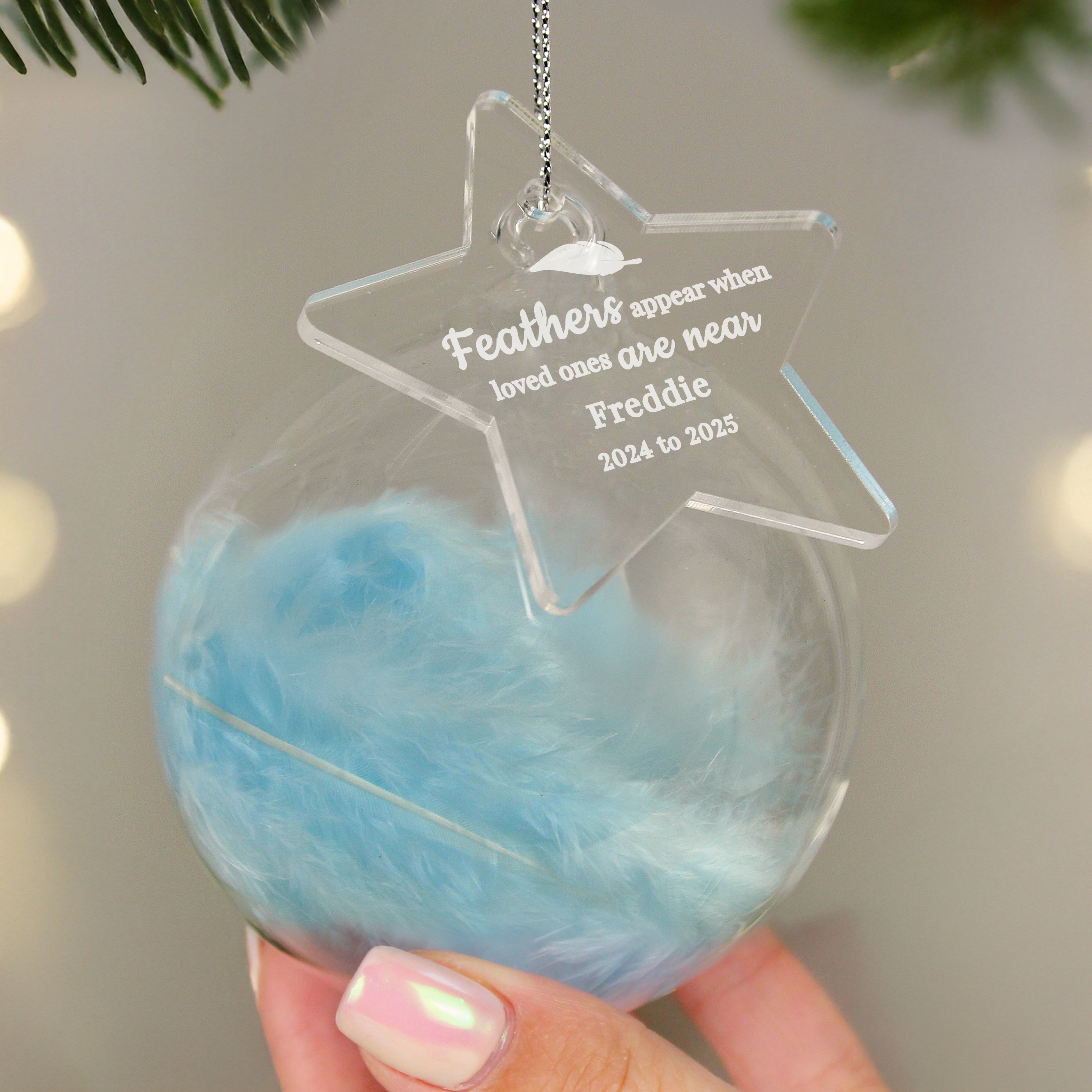 Personalised Blue Memorial Feather Bauble