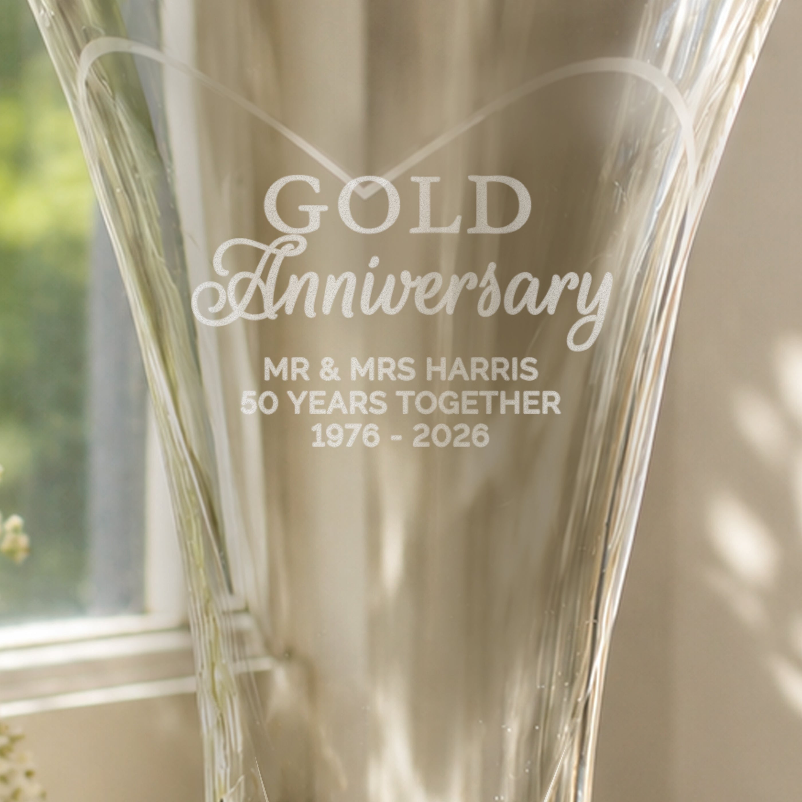 Personalised Gold Anniversary Large Hand Cut Diamond Effect Heart Vase
