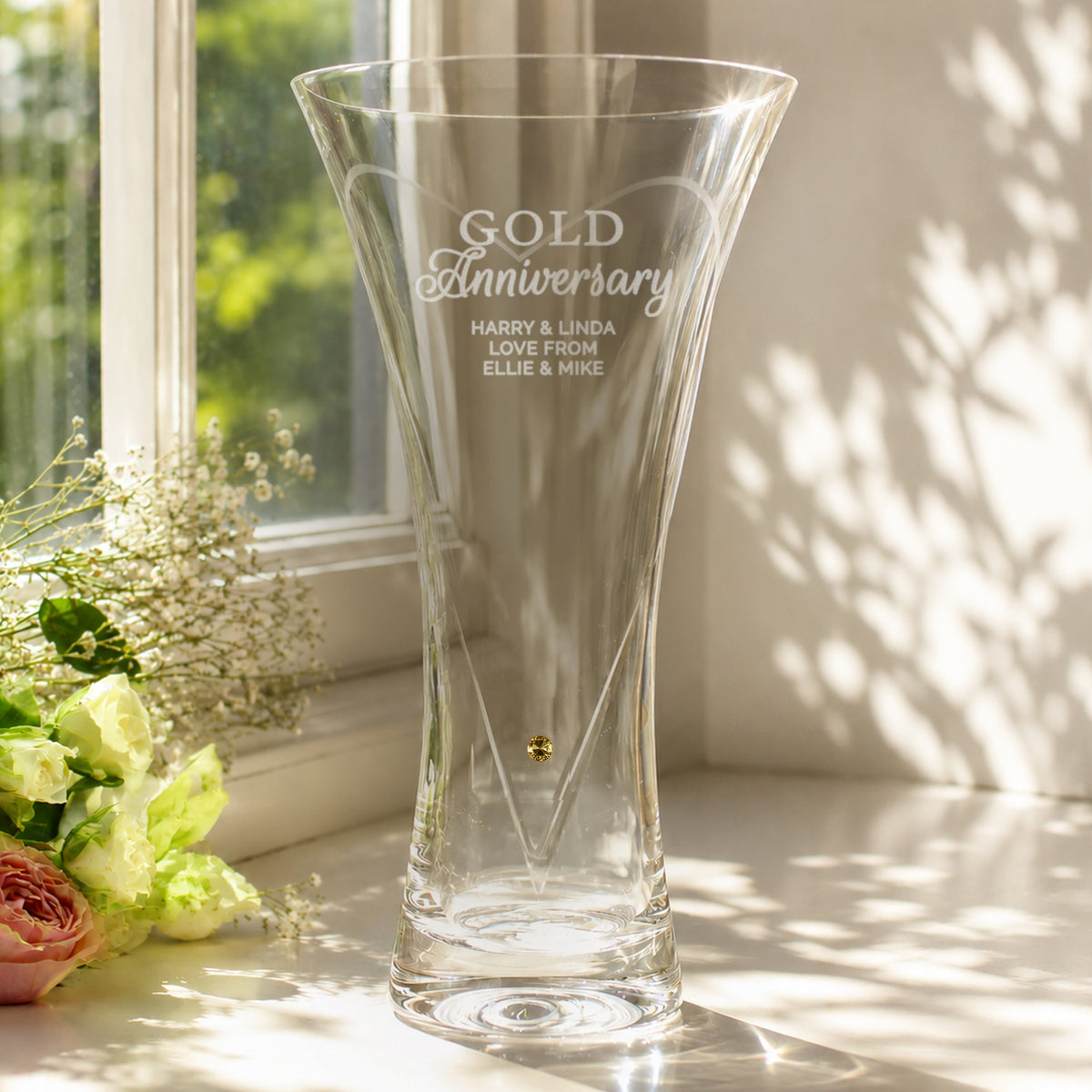Personalised Gold Anniversary Large Hand Cut Diamond Effect Heart Vase