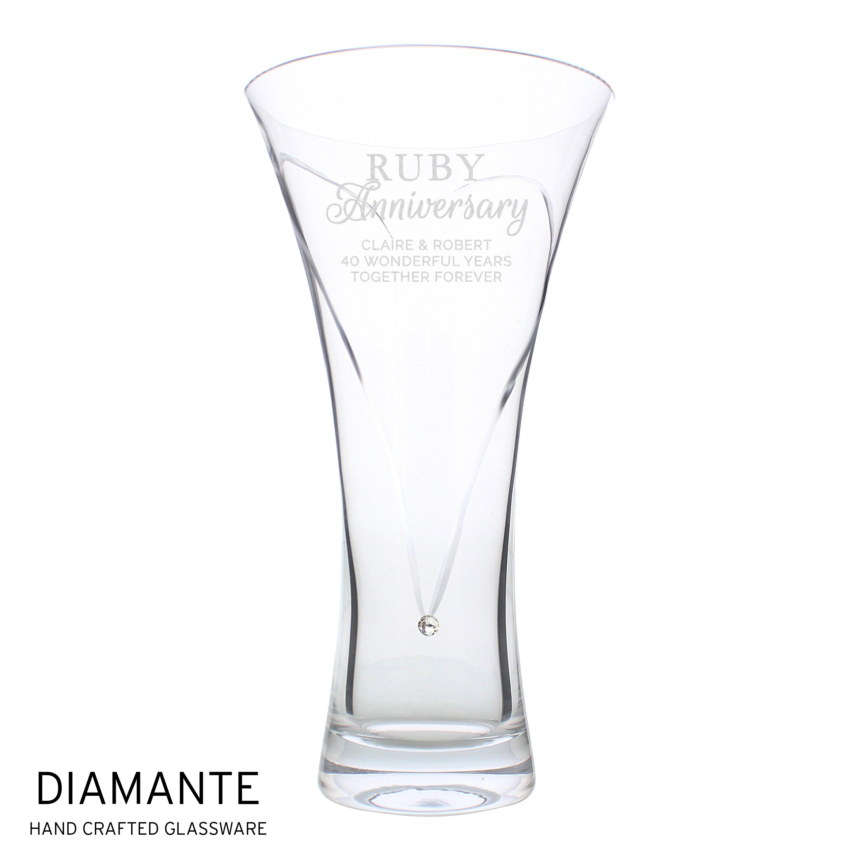 Personalised Ruby Anniversary Large Hand Cut Diamante Heart Vase