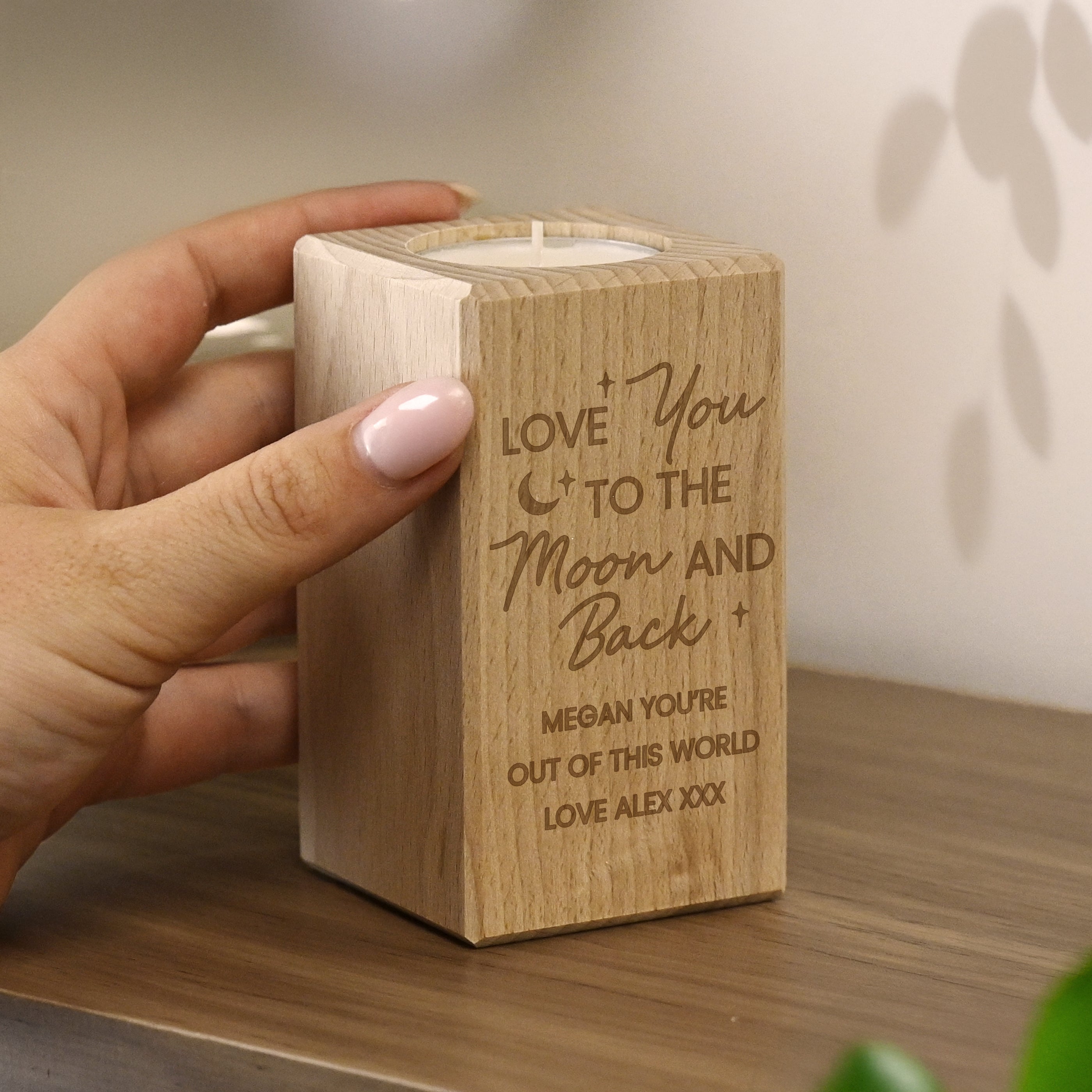Personalised Love You To The Moon Wooden Tealight Holder