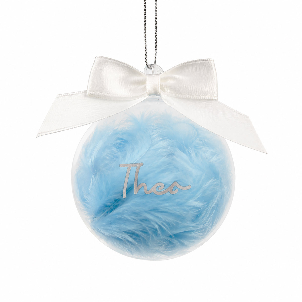 Personalised Blue Feather Name Glass Bauble With Ribbon
