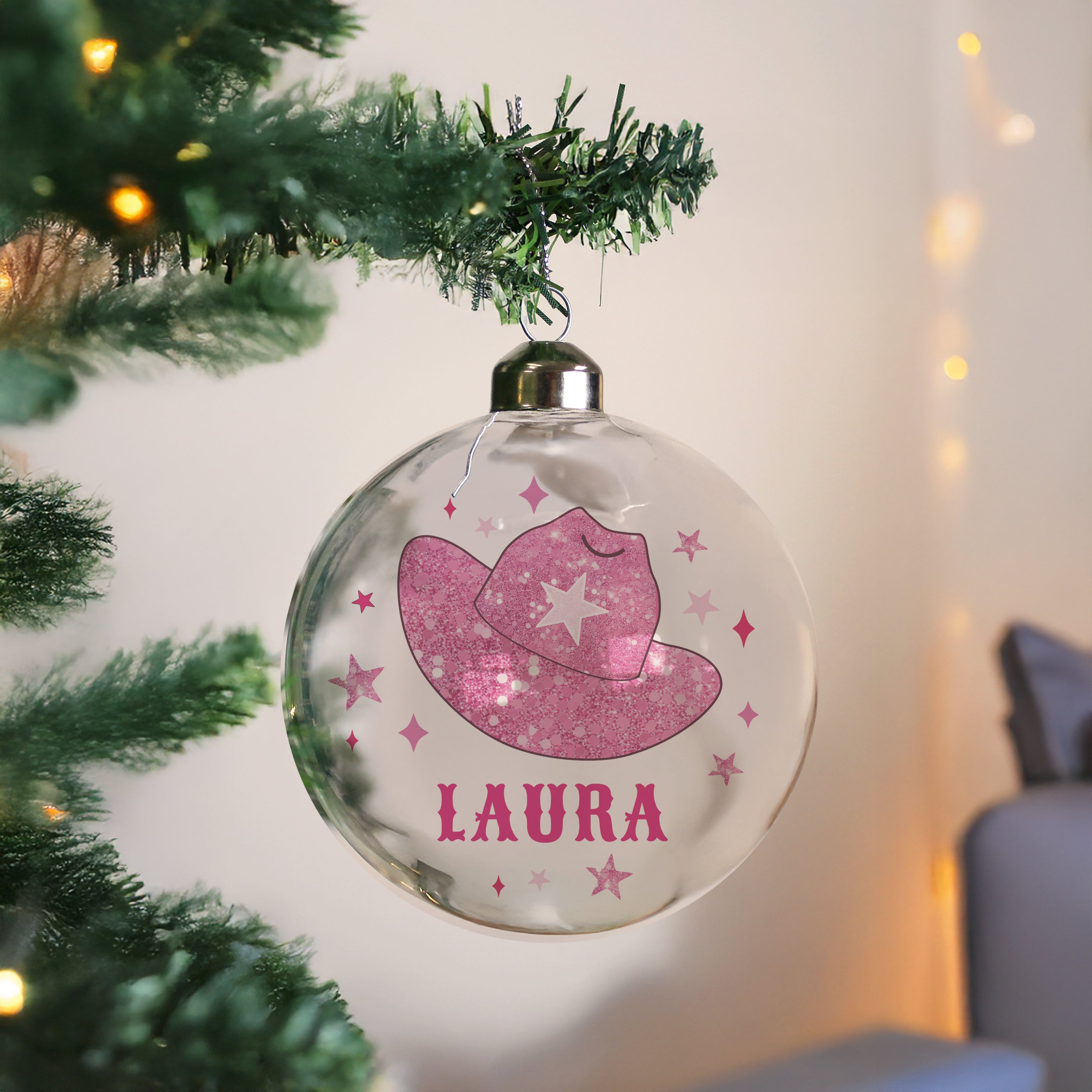 Personalised Cowgirl Hat Christmas Bauble