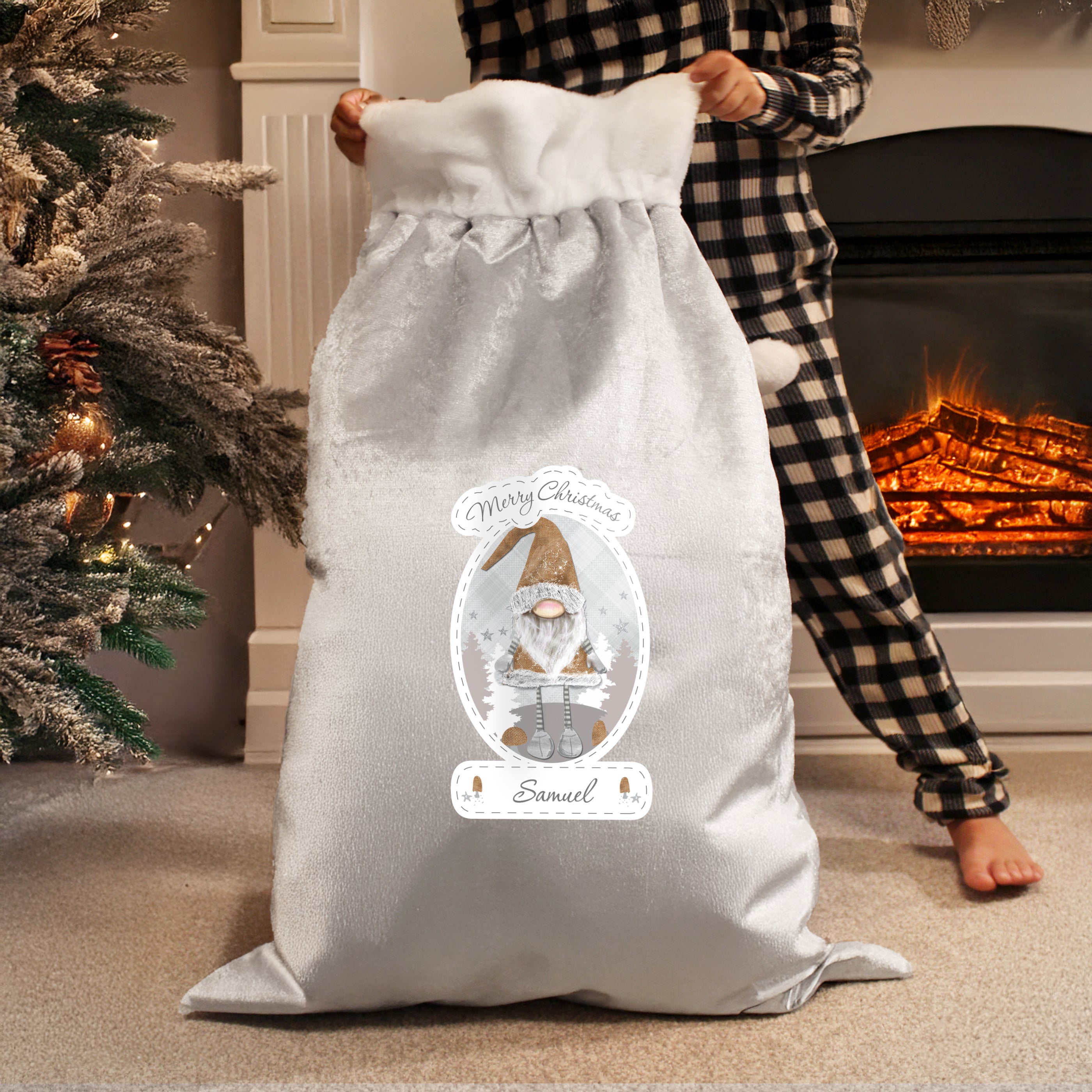 Personalised Christmas Gonk Luxury Silver Grey Pom Pom Sack
