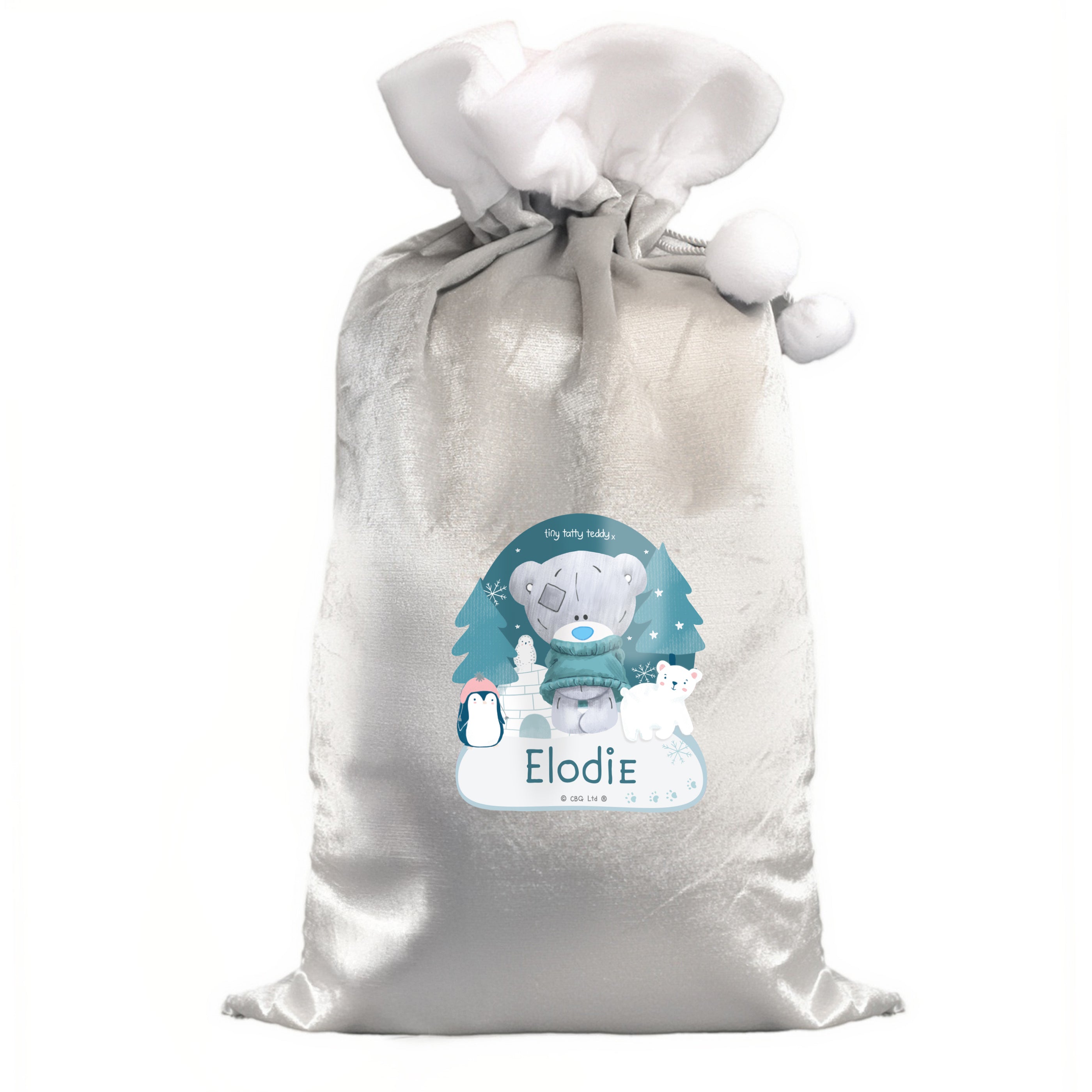 Personalised Winter Explorer Tiny Tatty Teddy Luxury Silver Grey Pom Pom Sack
