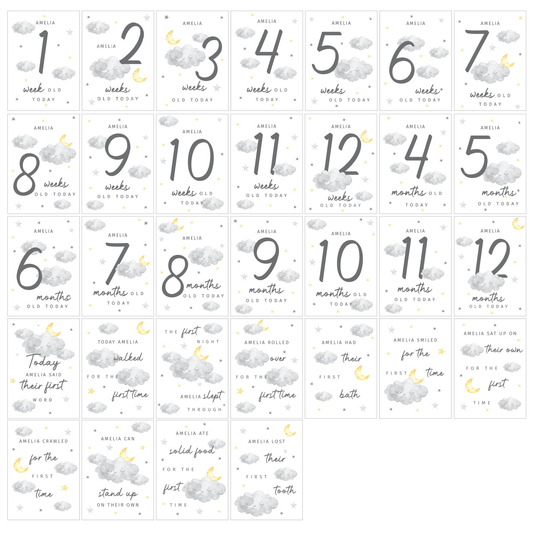 Personalised Cloud Baby Milestone Cards