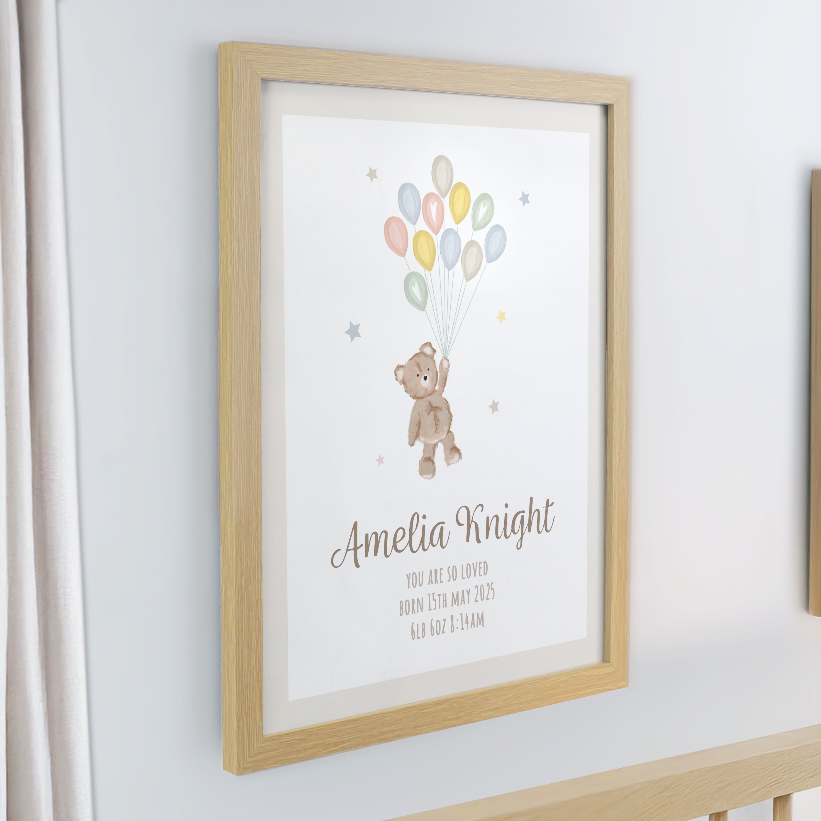 Personalised Teddy Balloon Oak Poster Frame