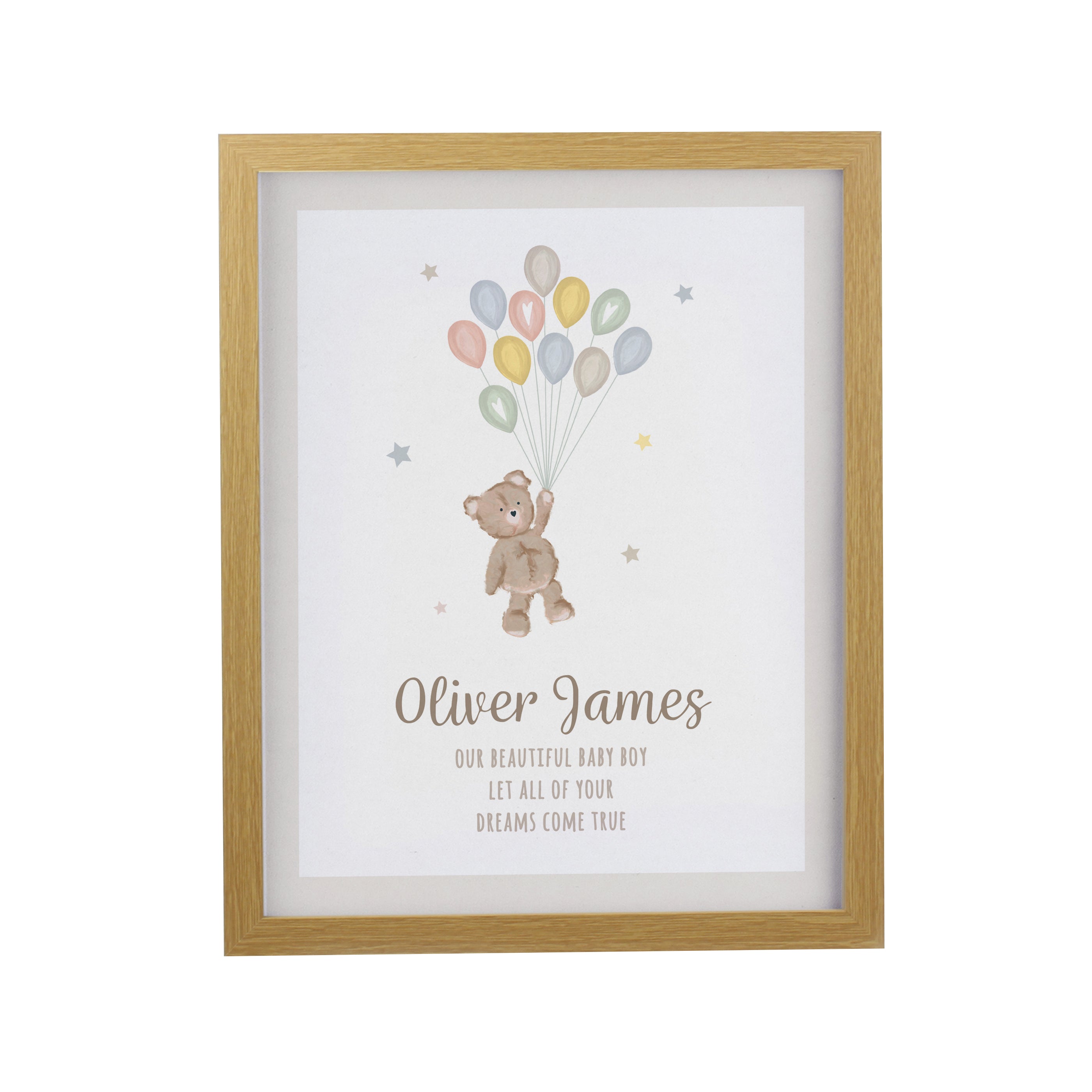 Personalised Teddy Balloon Oak Poster Frame