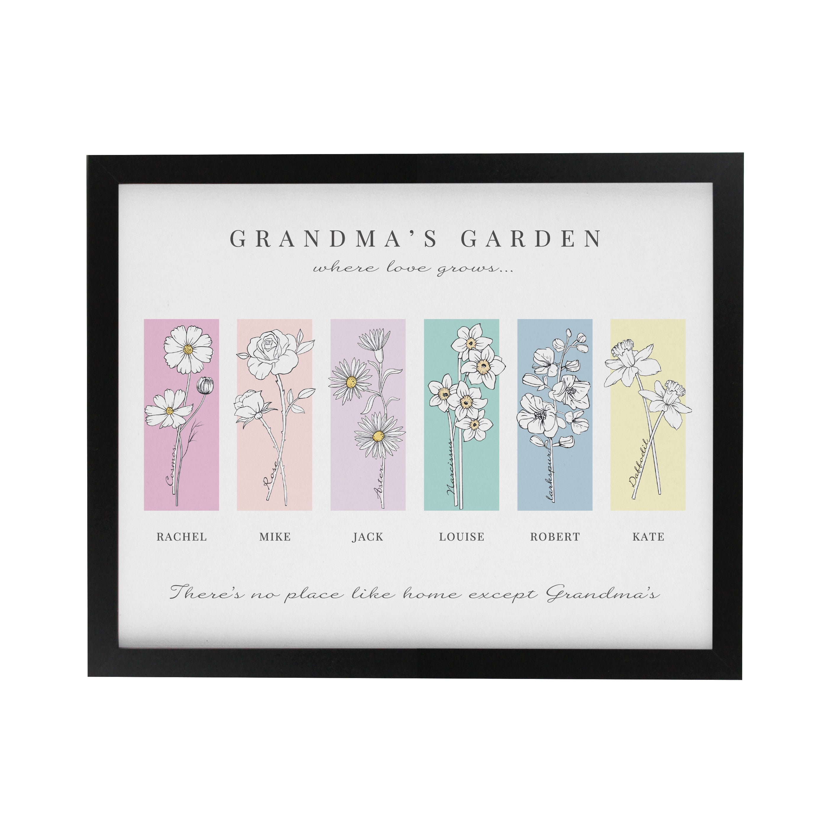 Personalised Birth Flower Family of 6 Black Framed Print
