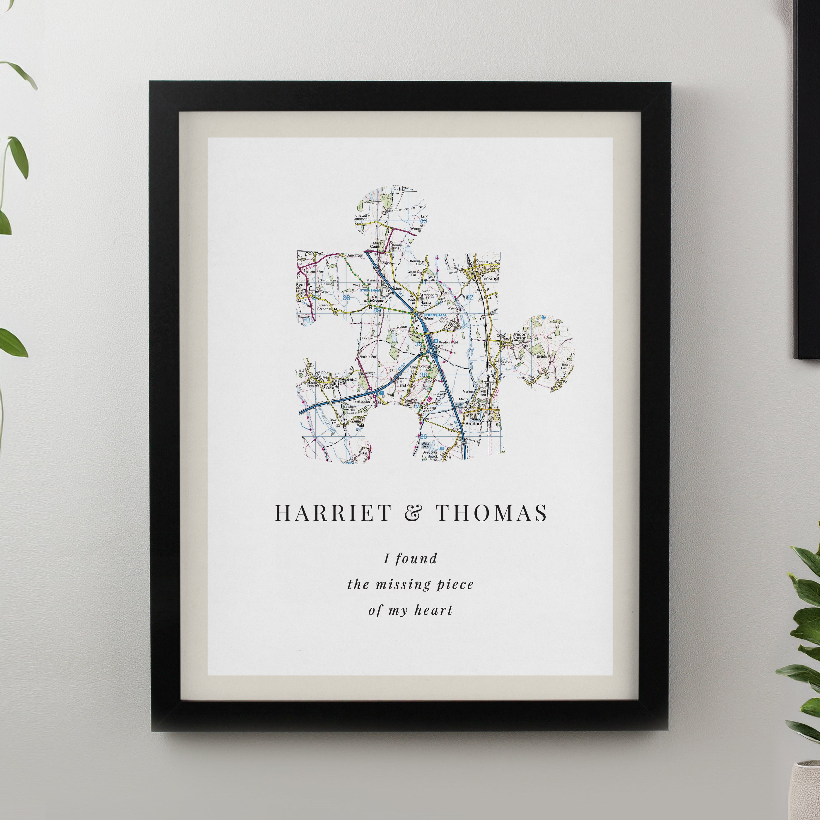 Personalised Present Day Map Puzzle Piece Black Poster Frame