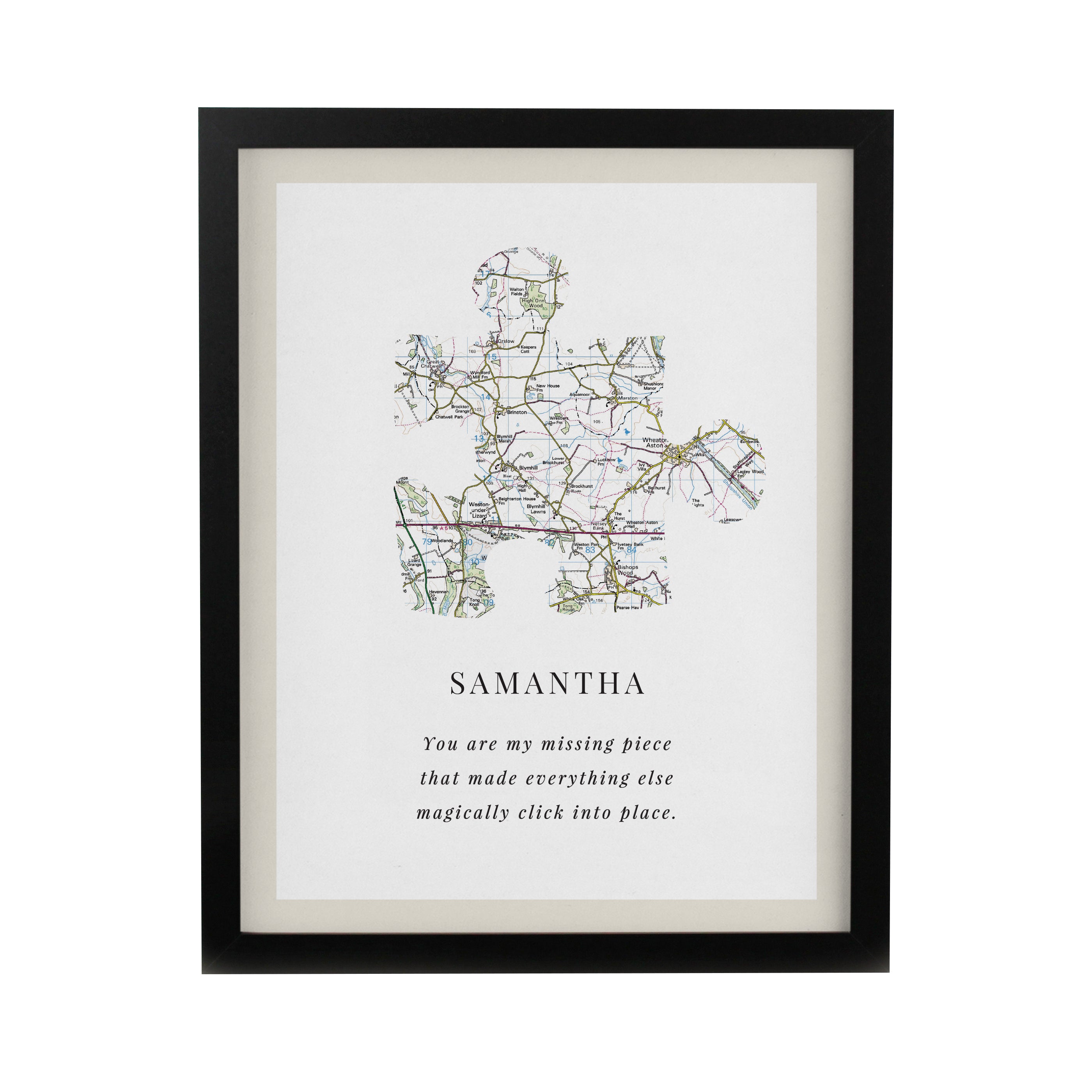 Personalised Present Day Map Puzzle Piece Black Poster Frame