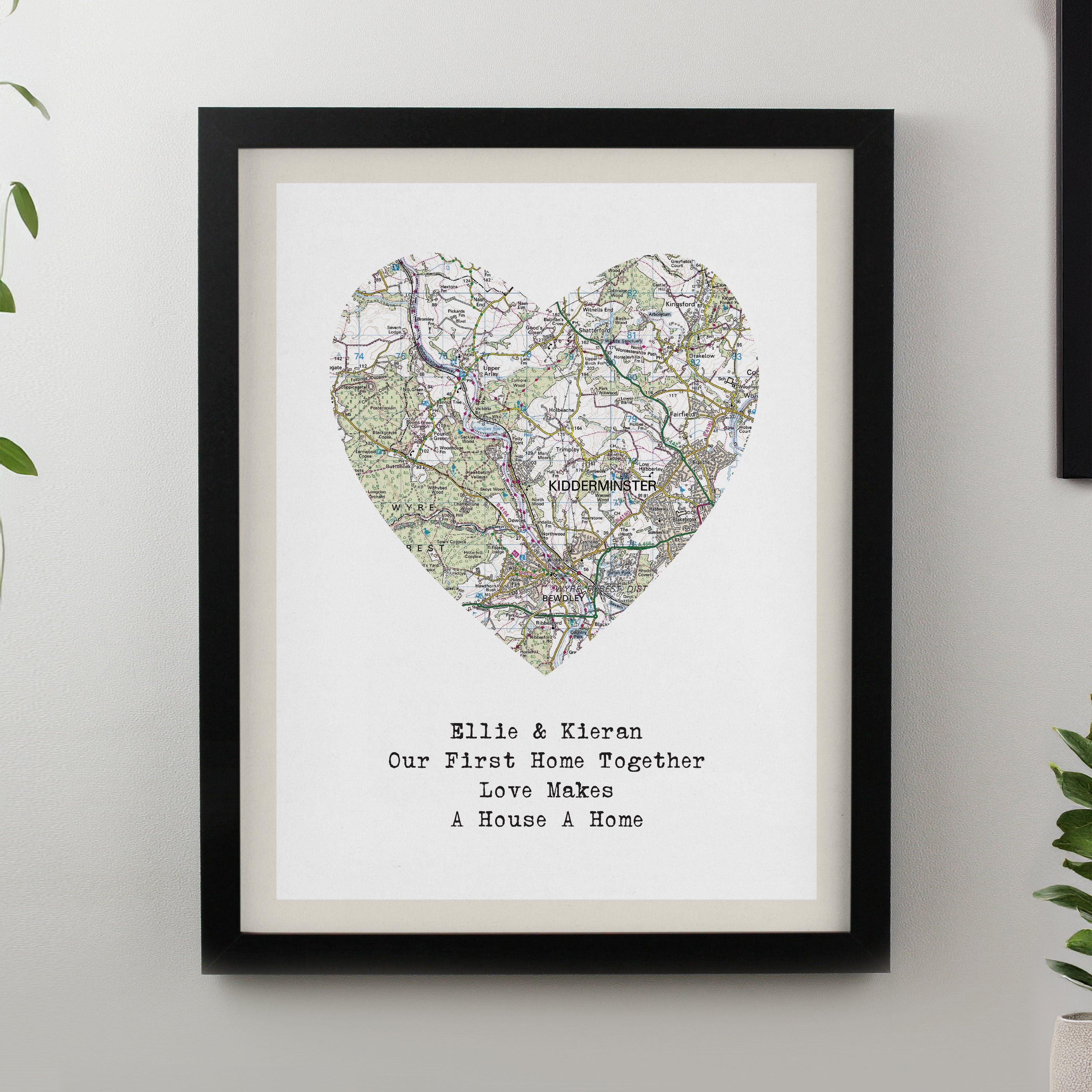 Personalised Present Day Map Heart Black Poster Frame