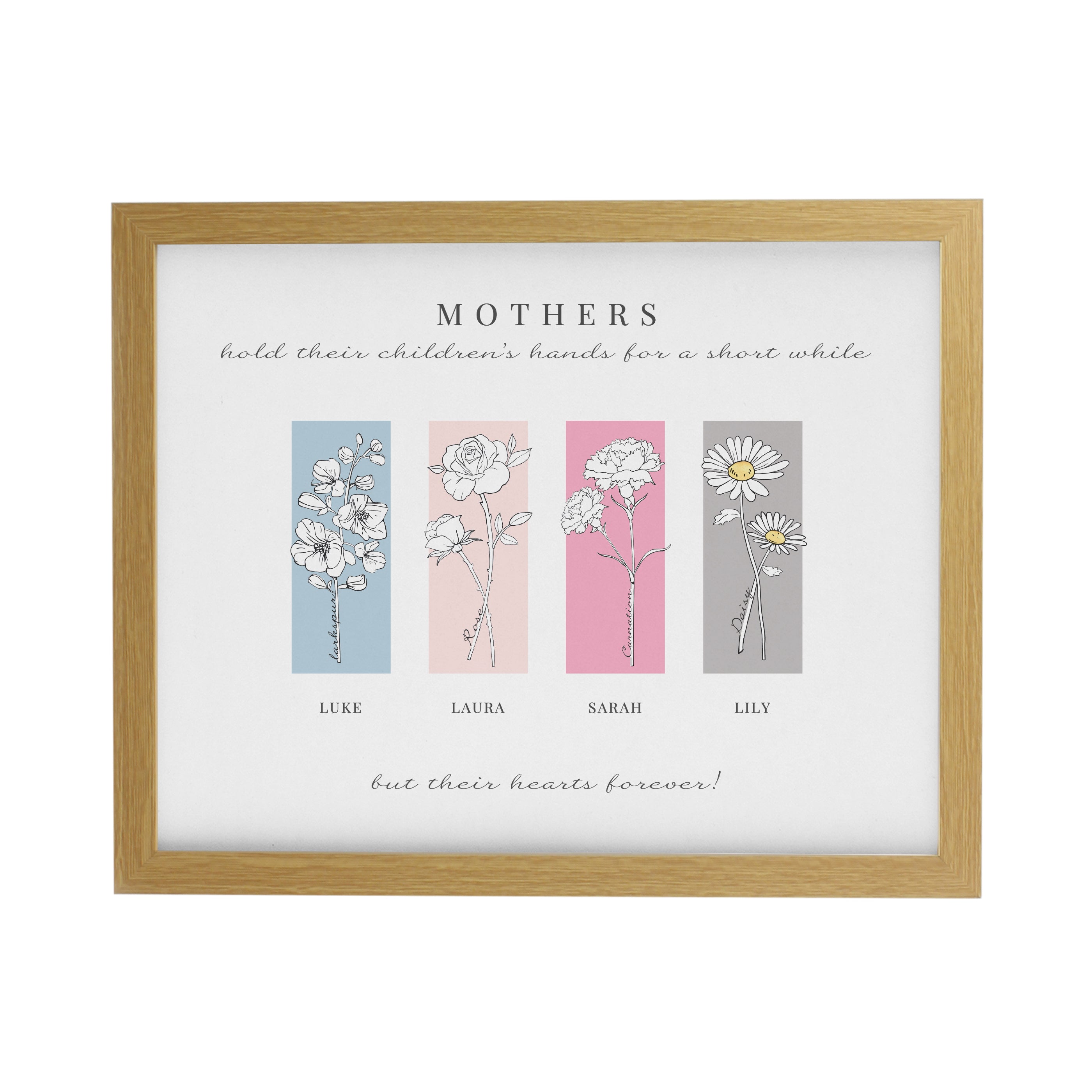 Personalised Birth Flower Family of 3 Oak Framed Print
