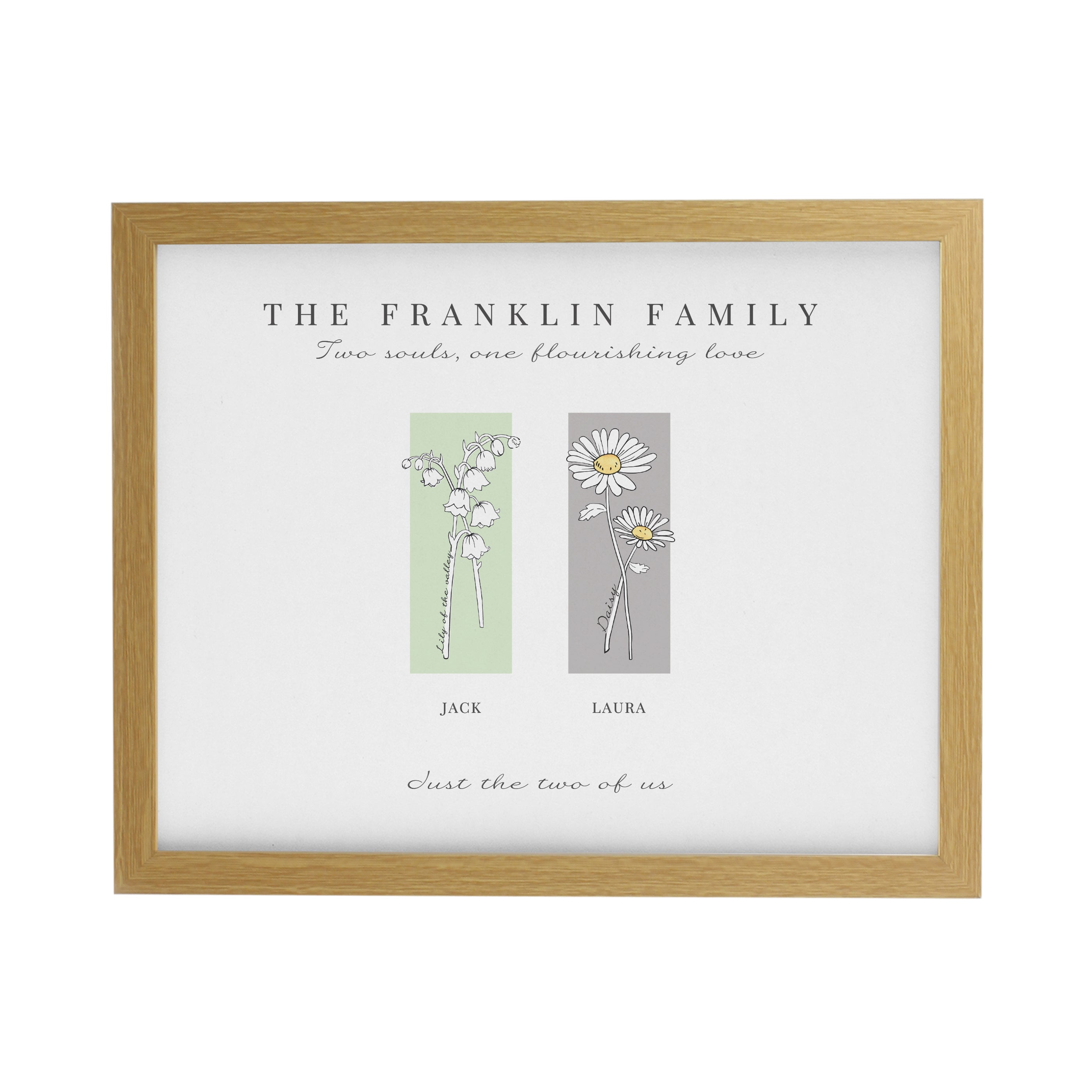 Personalised Birth Flower Family of 2 Oak Framed Print