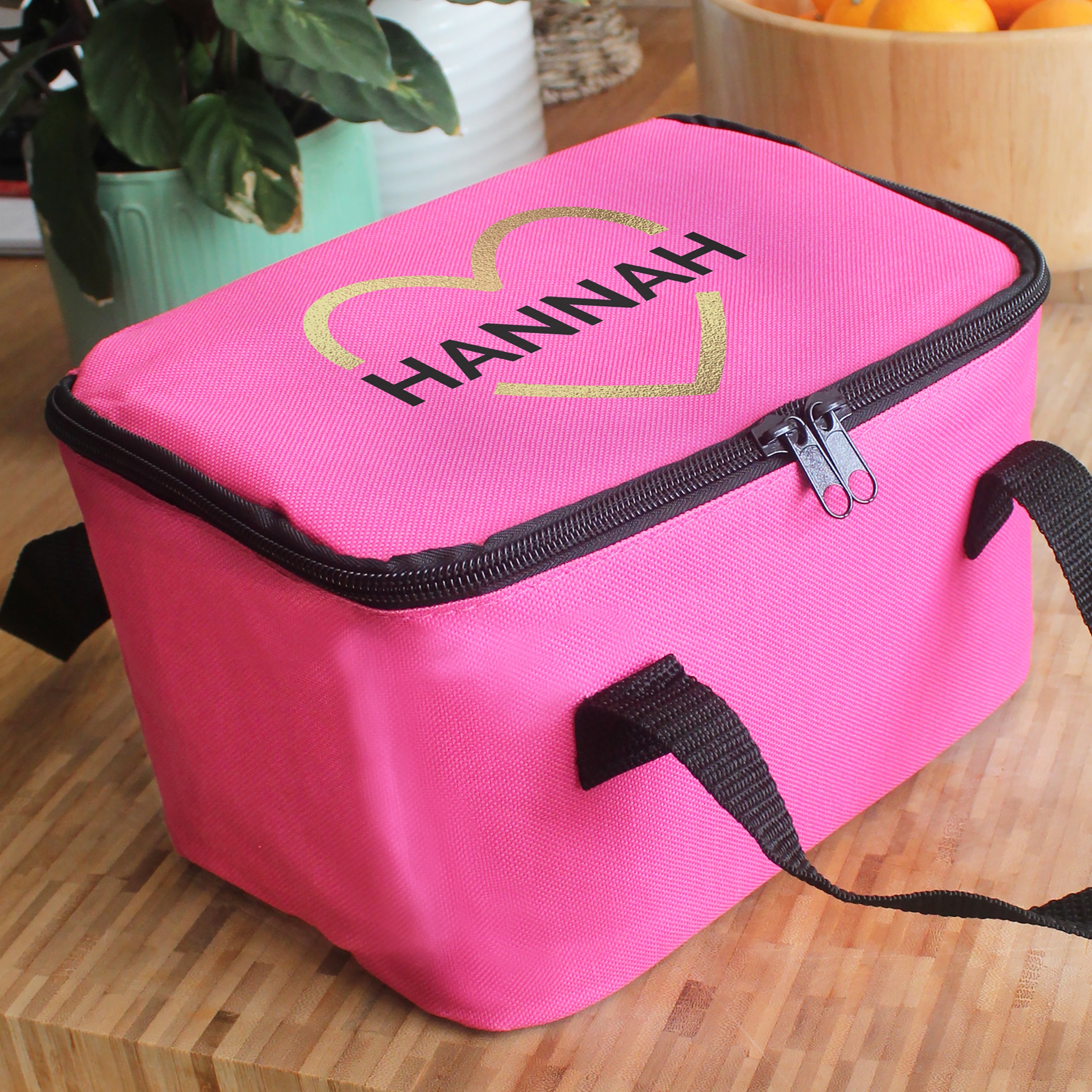 Personalised Gold Heart Pink Lunch Bag