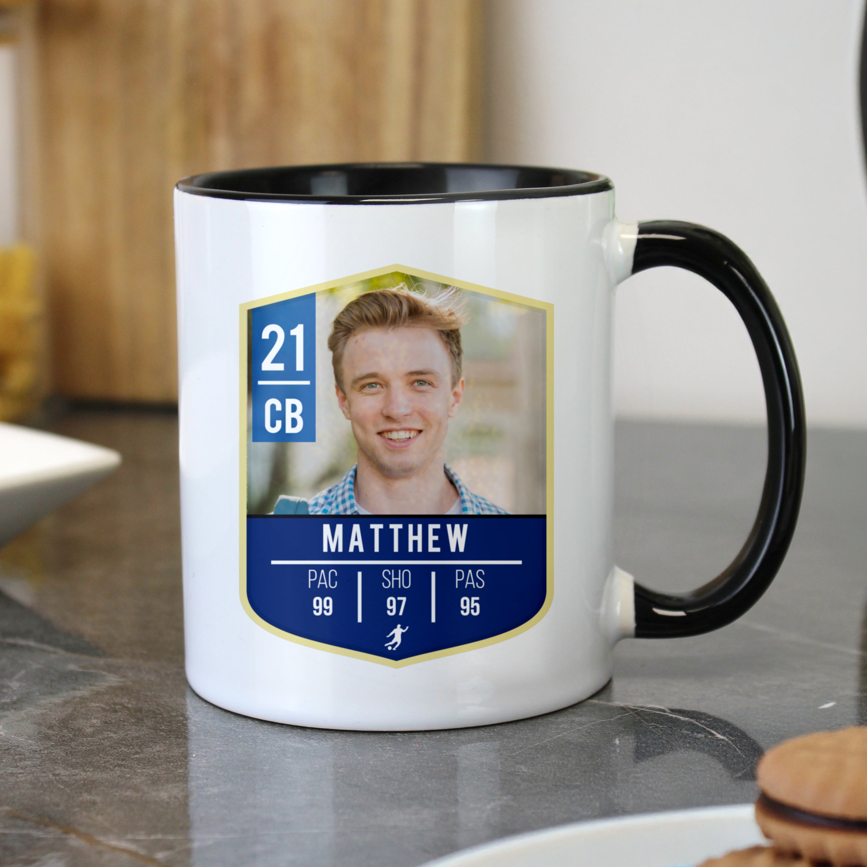 Personalised Photo Upload Football Black Handle Mug