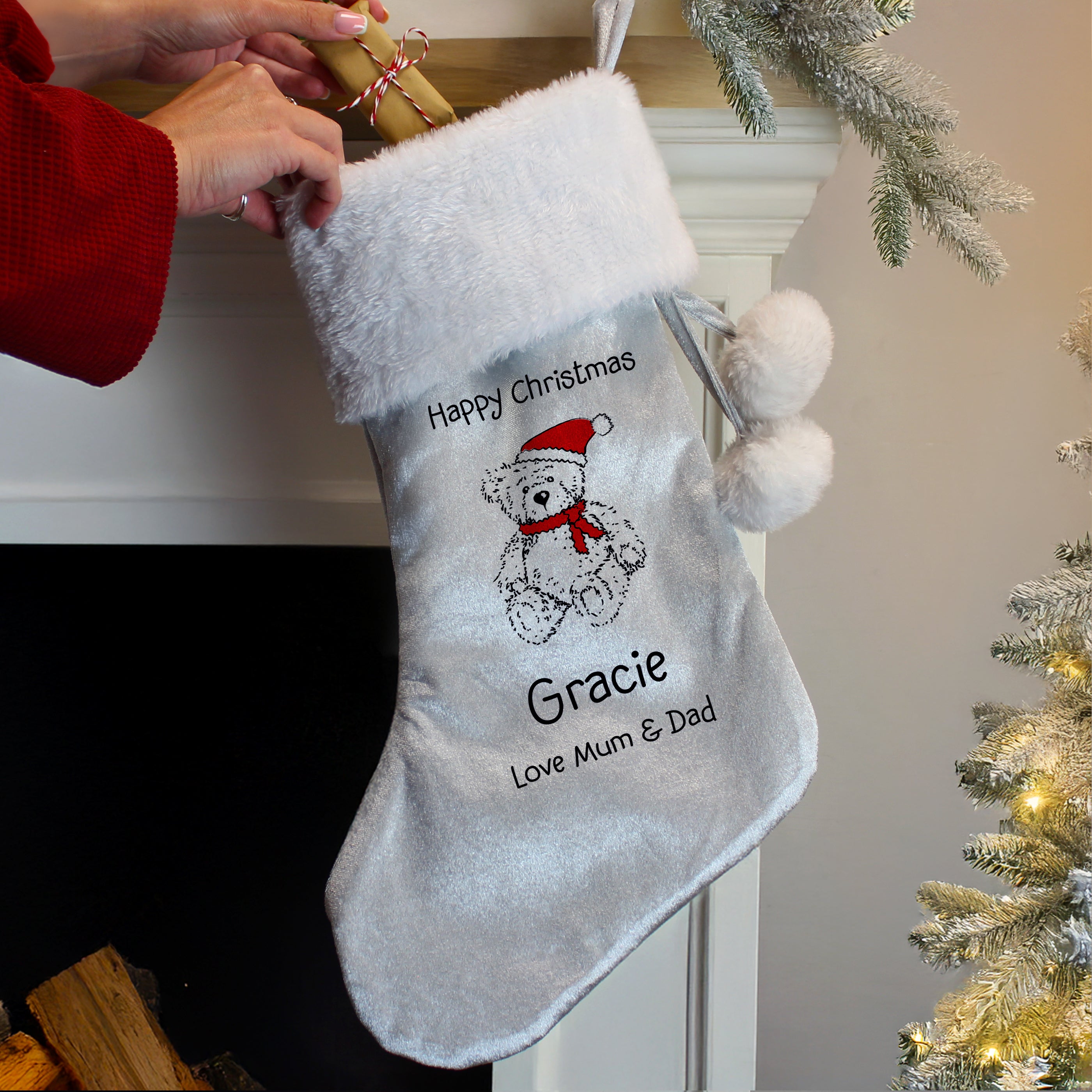Personalised Christmas Teddy Silver Grey Stocking