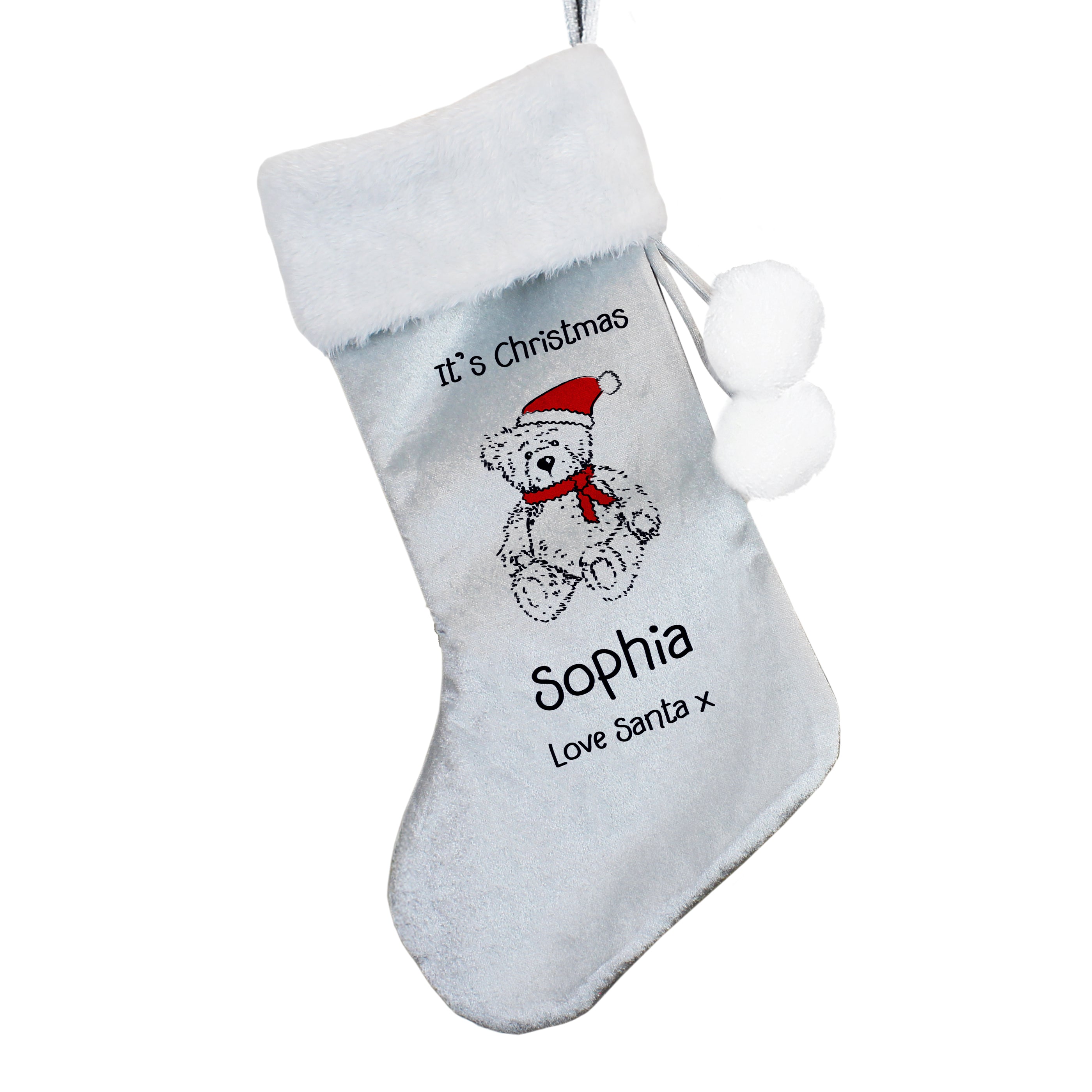 Personalised Christmas Teddy Silver Grey Stocking