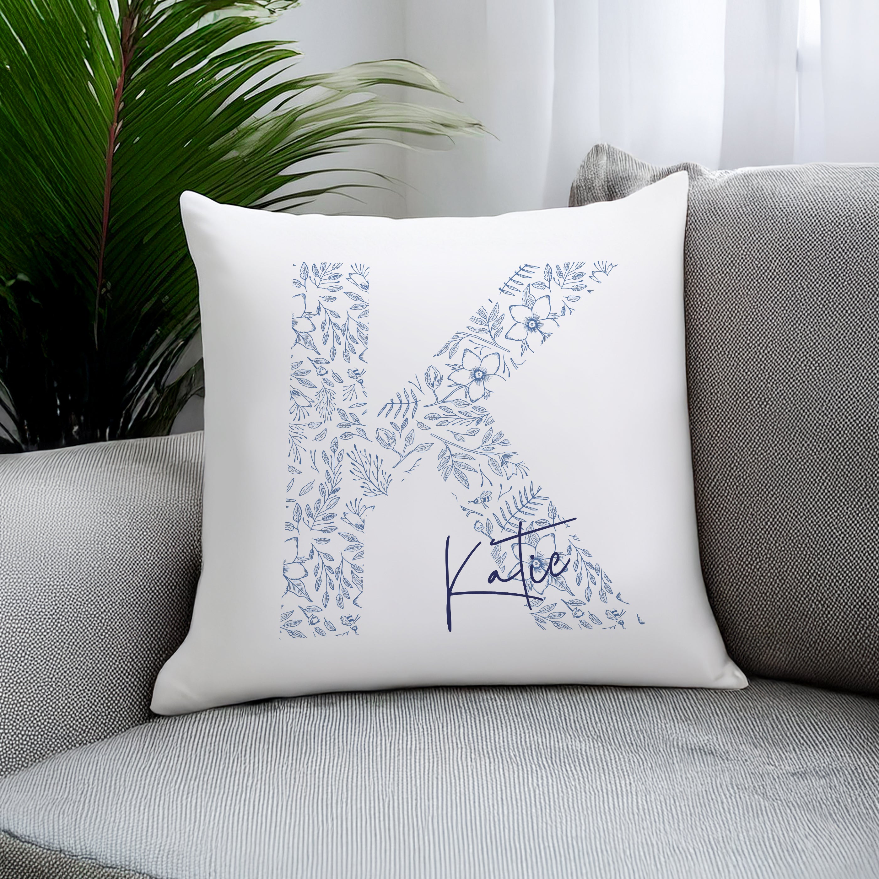 Personalised Floral Blue Initial Cushion