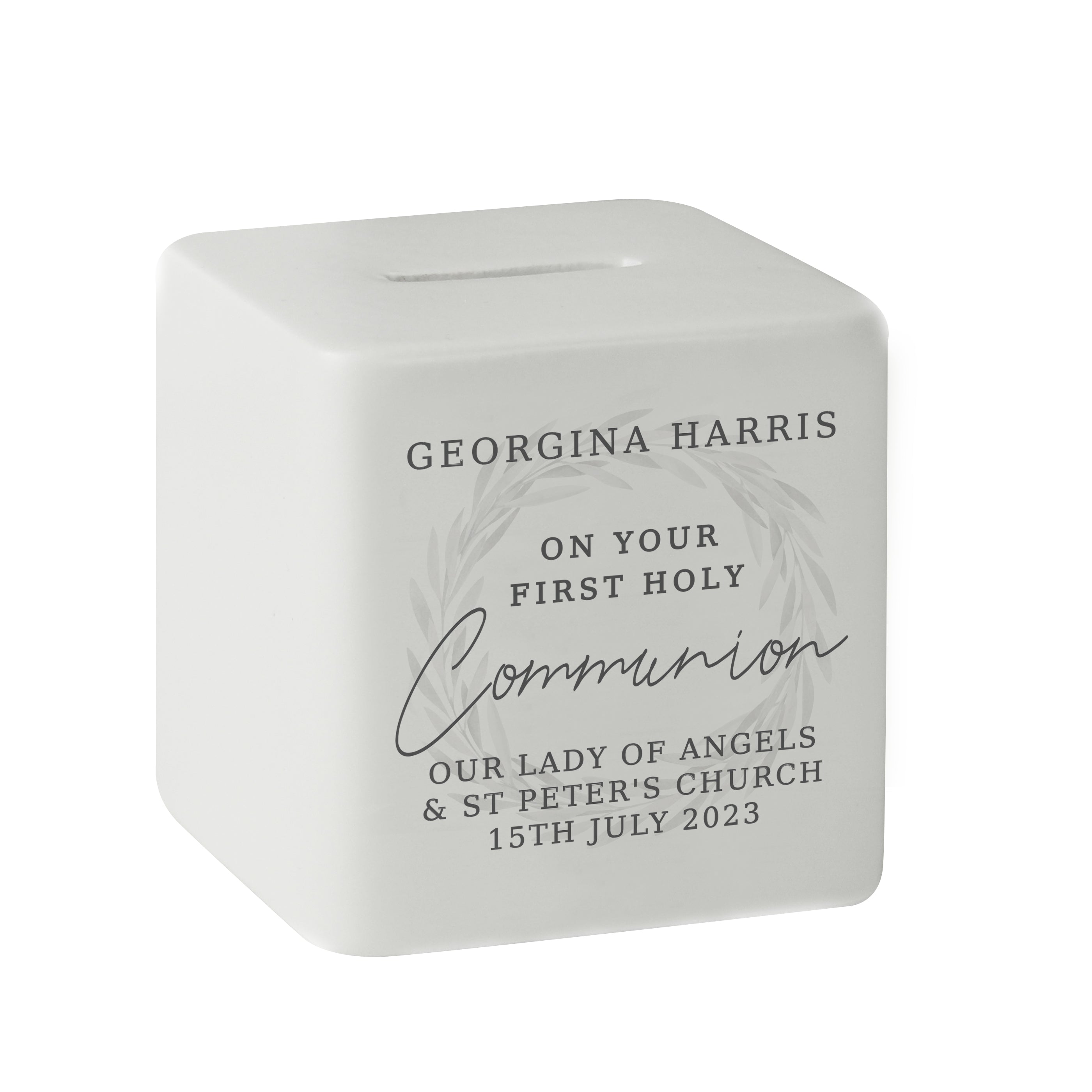Personalised First Holy Communion Wreath Ceramic Square Money Box