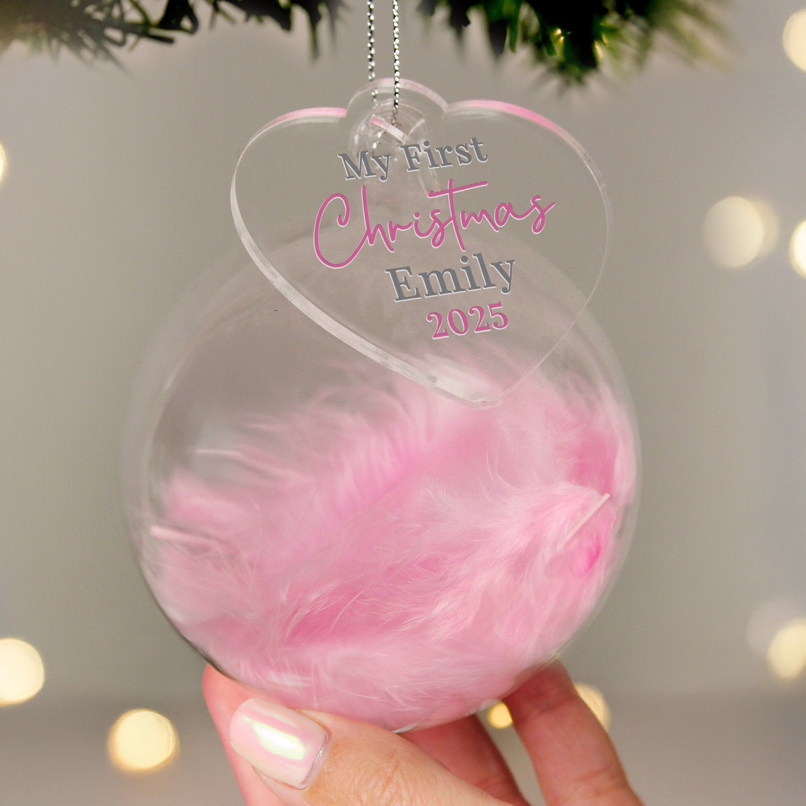 Personalised My 1st Christmas Pink Feather Bauble