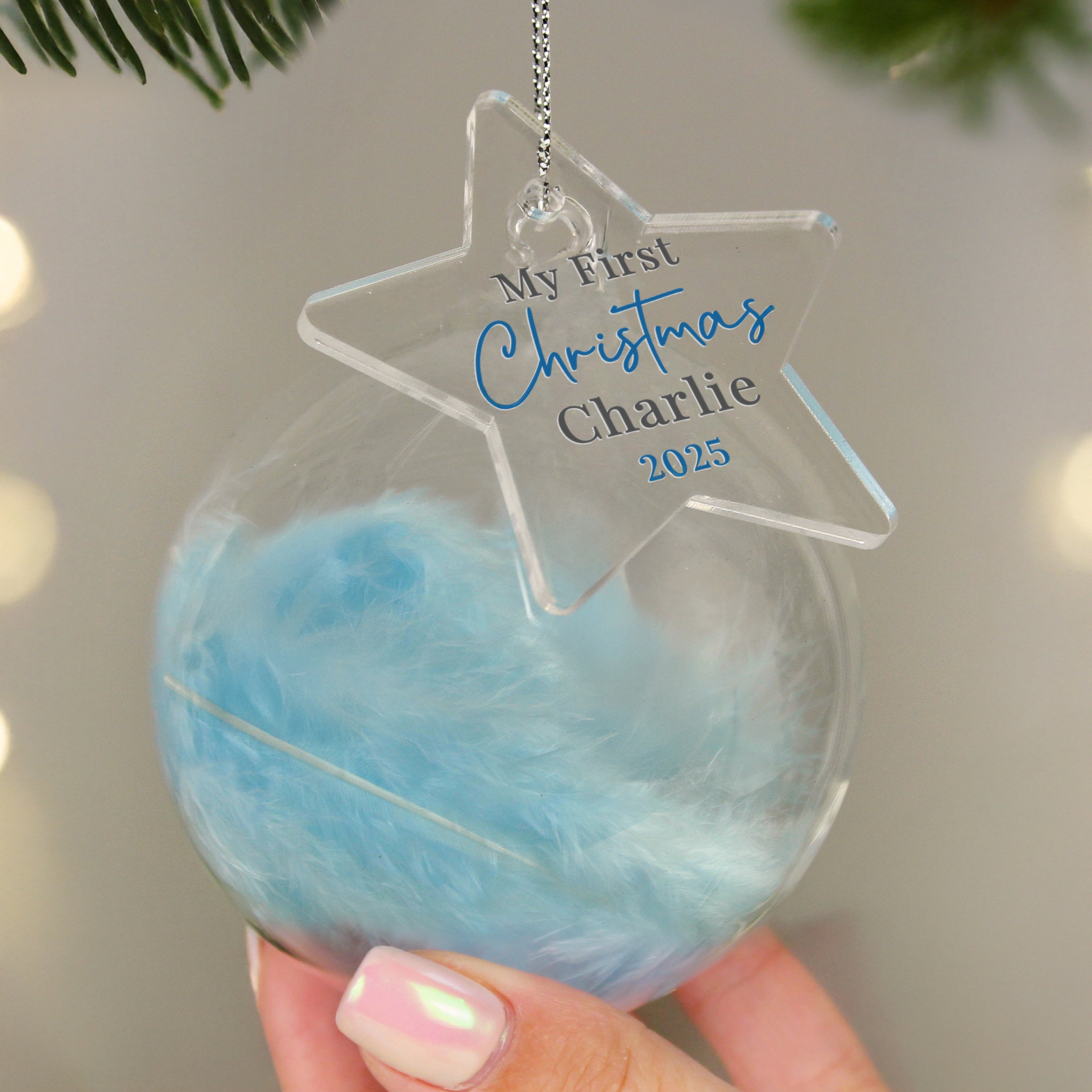 Personalised My 1st Christmas Blue Feather Bauble