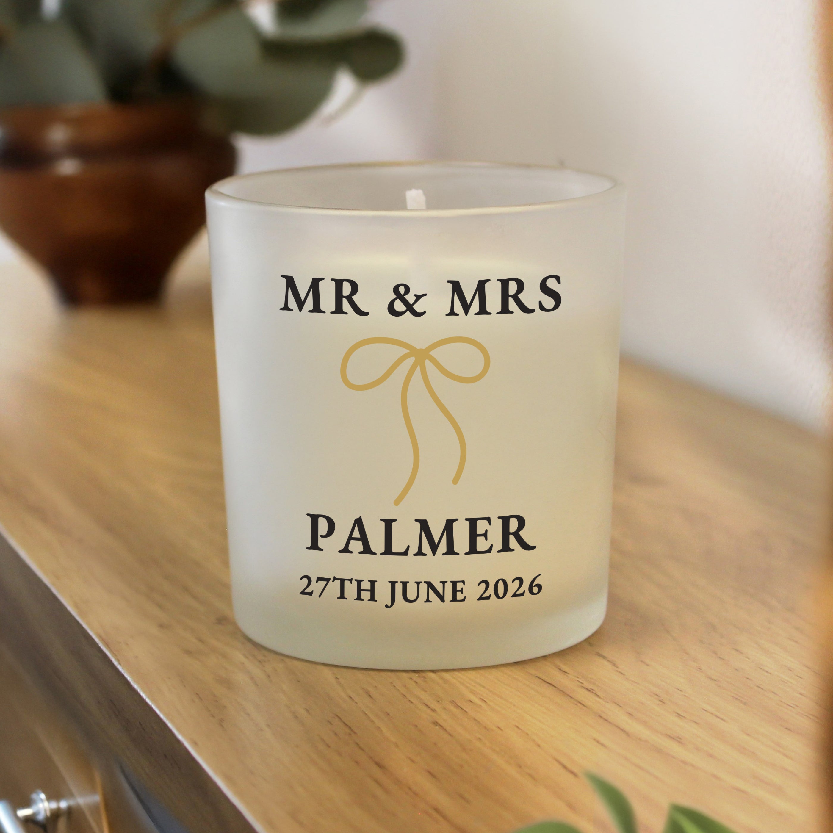 Personalised Black & Gold Bow Frosted Candle