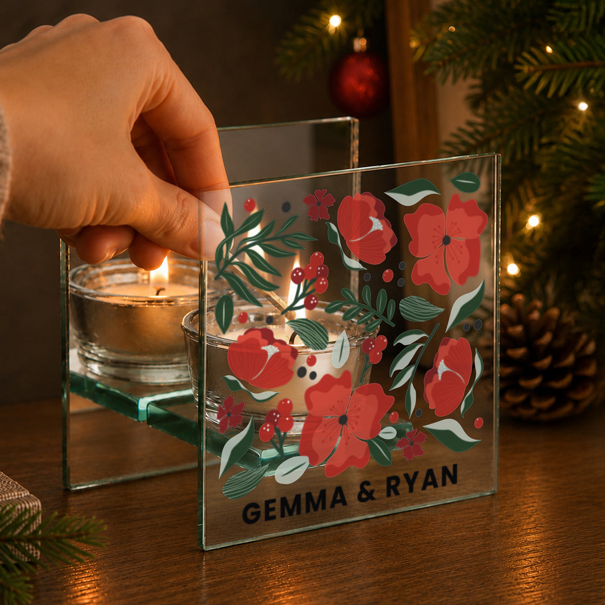 Personalised Poinsettia Glass Tealight Holder