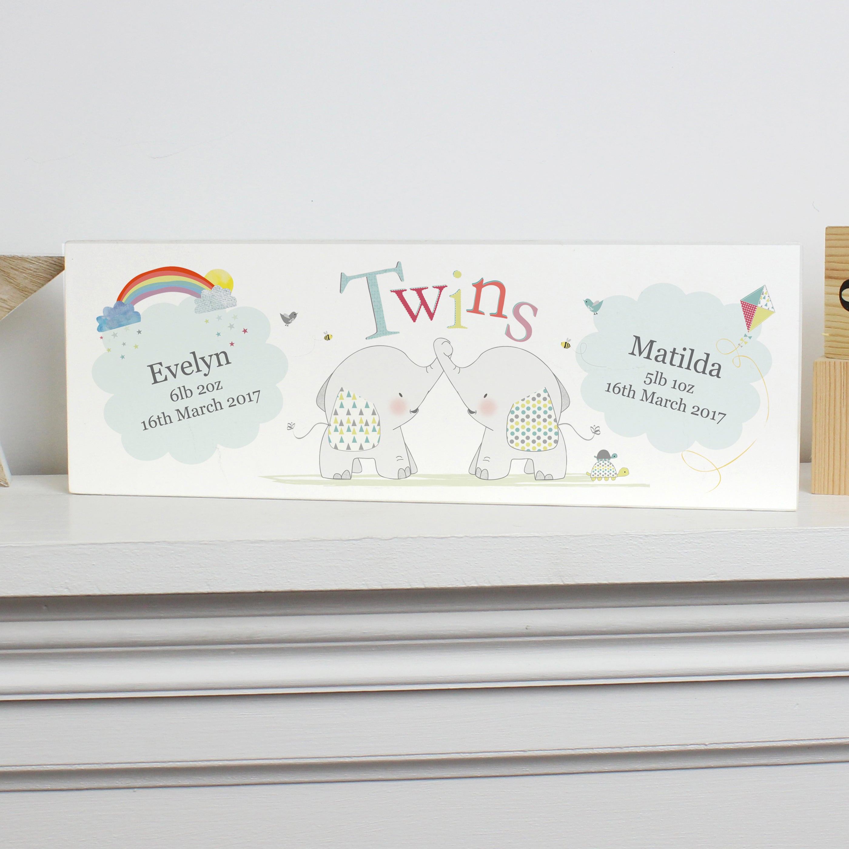 Personalised Hessian Elephant Twins Wooden Mantel Decoration