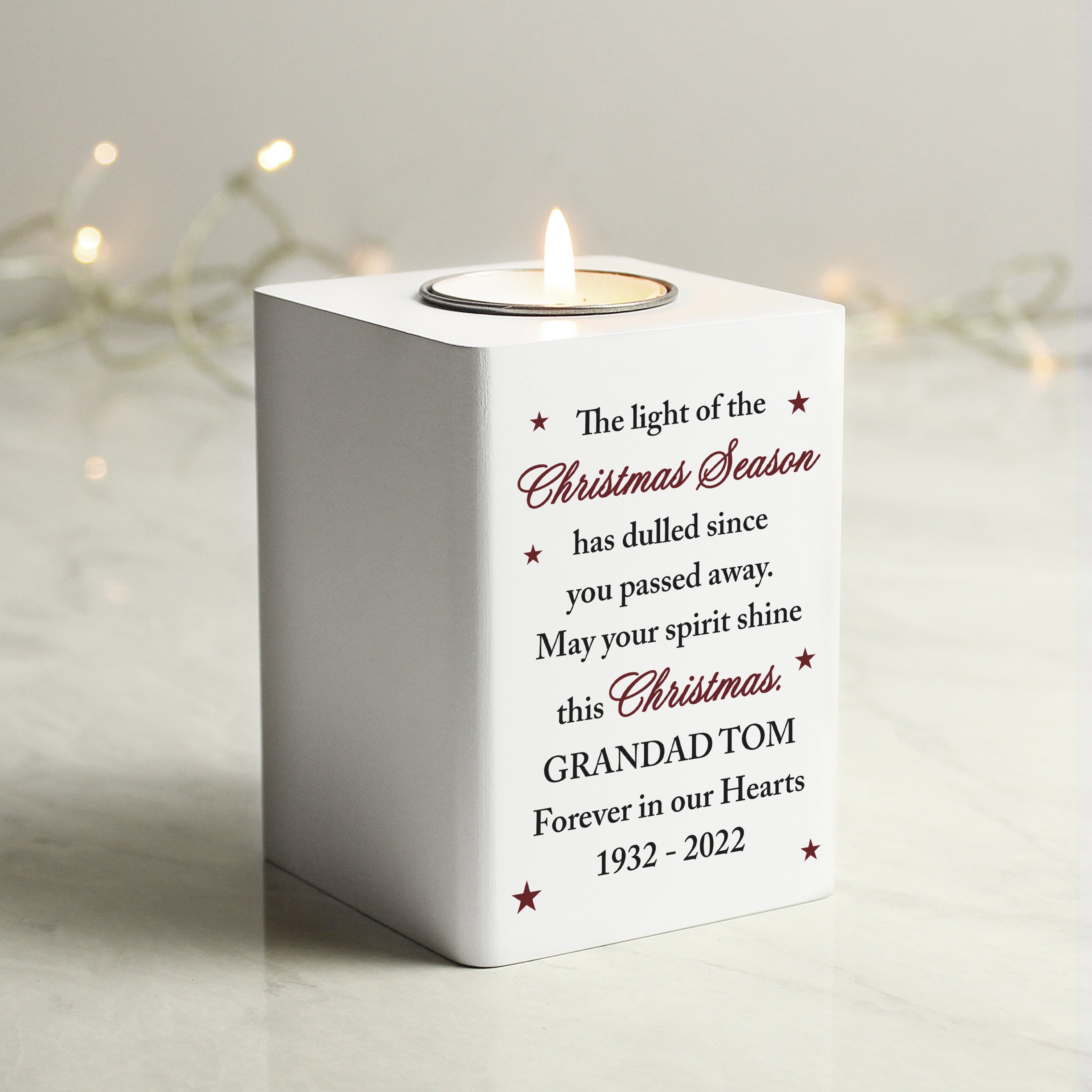 Personalised Christmas Season Memorial Wooden Tea Light Holder