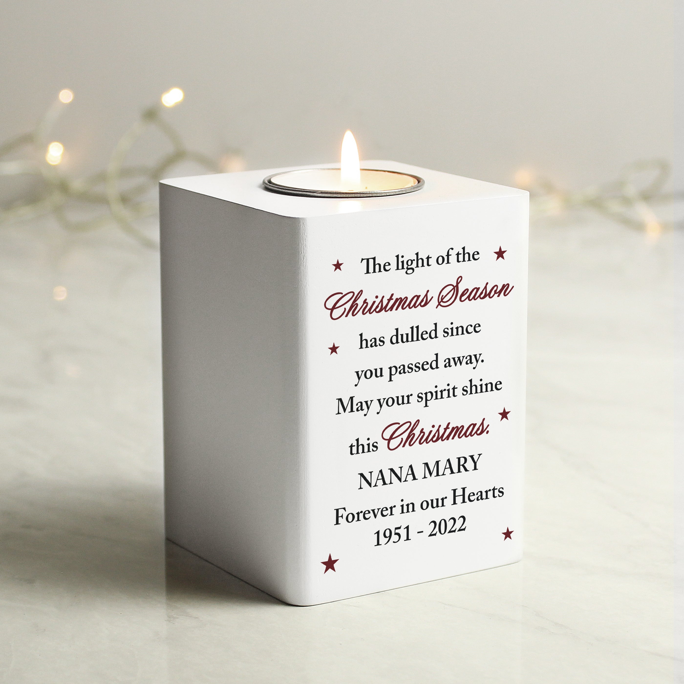 Personalised Christmas Season Memorial Wooden Tea Light Holder