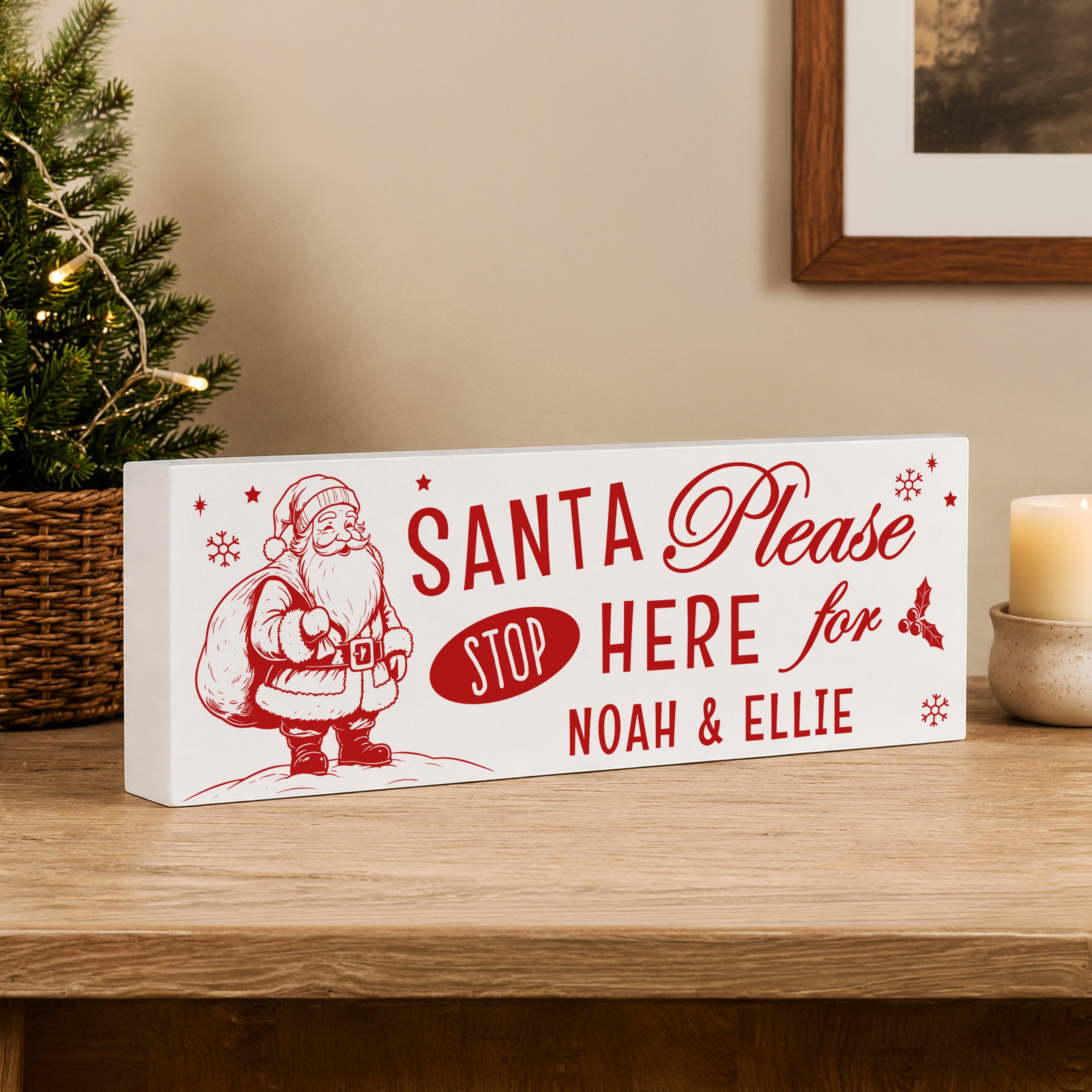 Personalised Santa Stop Here Wooden Mantle Block